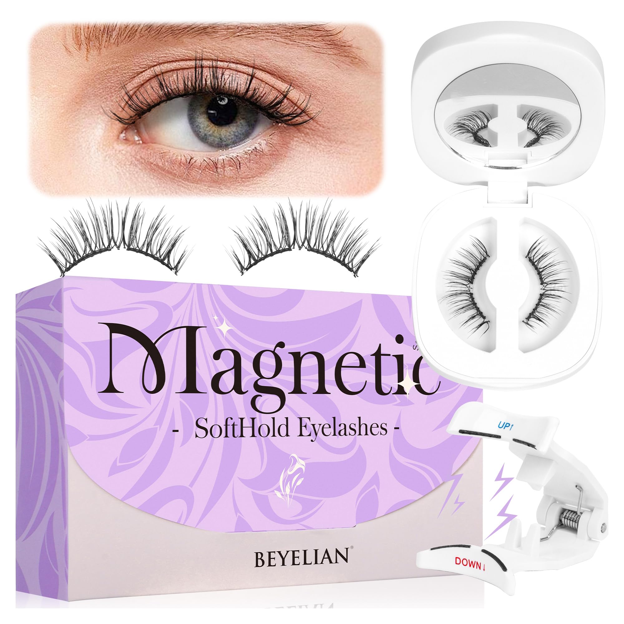 BEYELIAN Magnetic Eyelashes Natural Look Soft Magnetic Lashes with Applicator Reusable No Glue Needed False Eyelashes Easy to Wear and Remove (1 Pair,