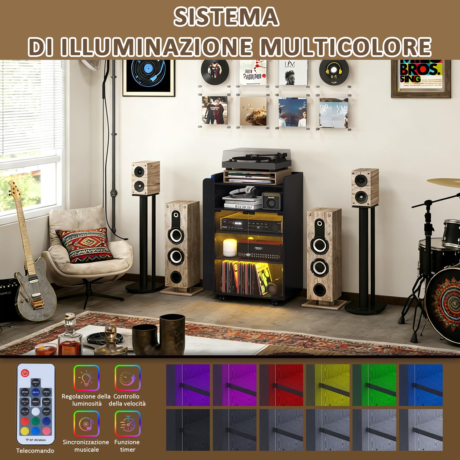 YU YUSING Vetrina Espositiva con LED per Vinili e CD, Mobile Espositivo con Porta Vinili a 5 Ripiani, Mobile Giradischi Porta CD, Presa di Corrente Integrata e Ruote, Giradischi, lettore DVD, Nero