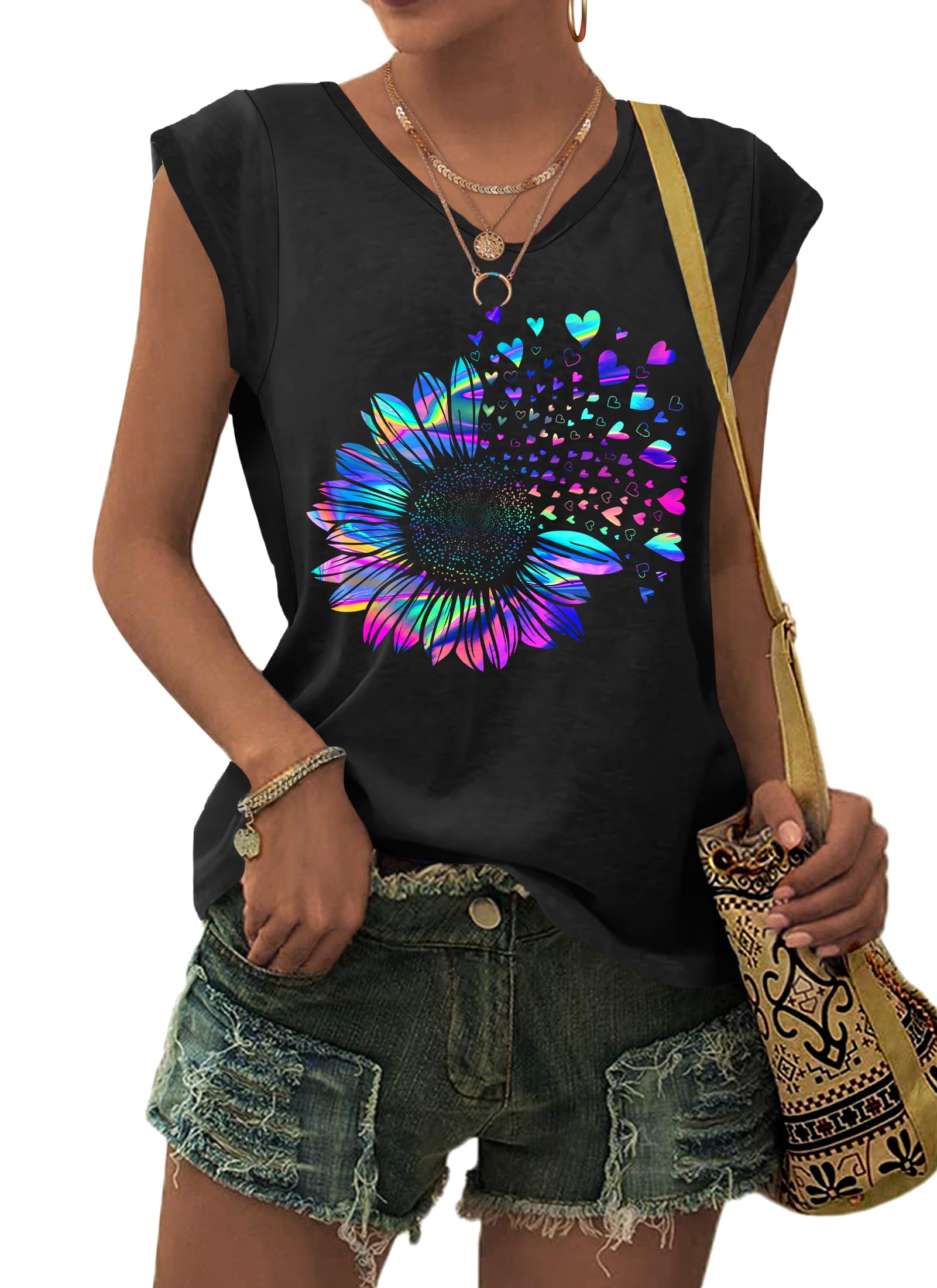 PLMOKEN T-Shirt Sommer Tank Top Damen - Ärmelloses Blusenshirt V Ausschnitt Blusen Shirts Oberteile Offset Bedrucktes Top