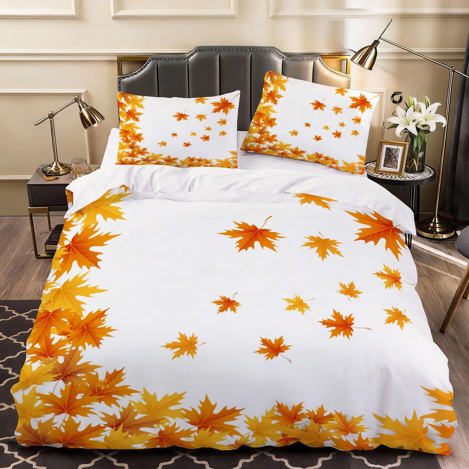 3D Autumn Maple Leaf Duvet Cover Leaf Bedding Super King Bed Set, Soft Microfiber Comforter Cover Printed with Zipper Closure Quilt Coverr 260x220 cm and 2 Pillowcases