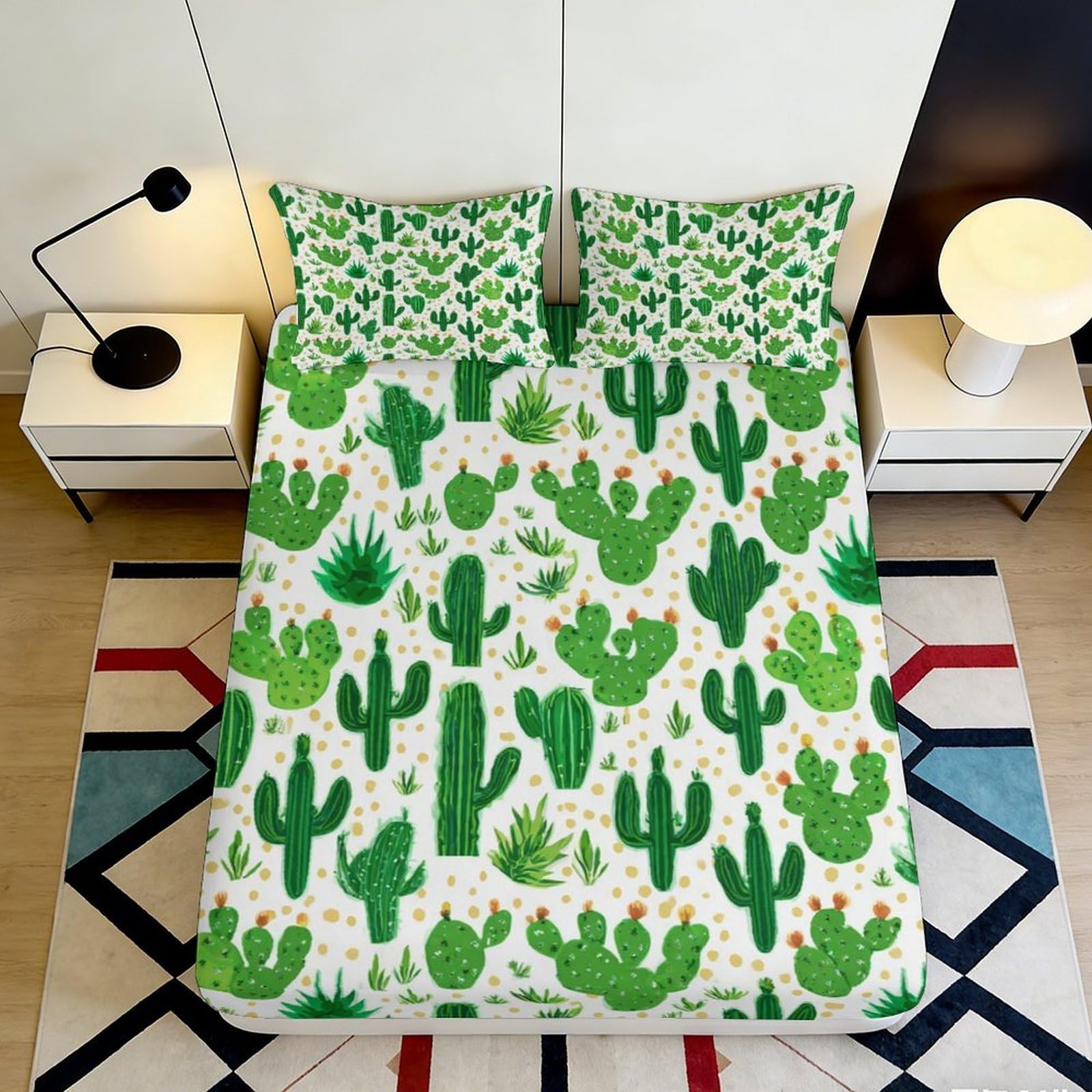 3D Printed Cactus Garden Fitted Sheet Microfiber Soft Breathable Succulent Bed Cover for Bedroom Dorm Decor Mattress Protection 90x200x25cm