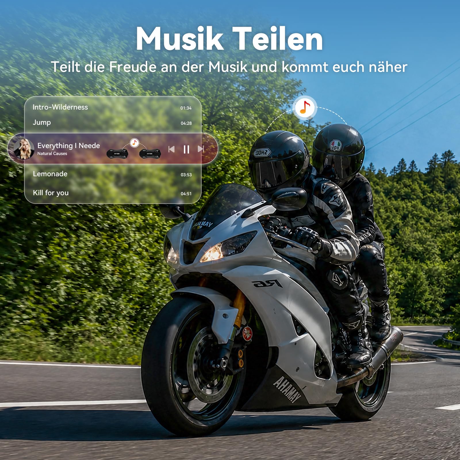 N2 Motorrad Intercom Bluetooth 5.4, 1000m Kommunikation für 2 Fahrer | Helm Headset, Audio-Multitasking, Bluetooth Dual-Chip, 40mm Hi-Fi, Musik Sharing,1000mAh Akku, IP67 wasserdicht, DSP & CVC