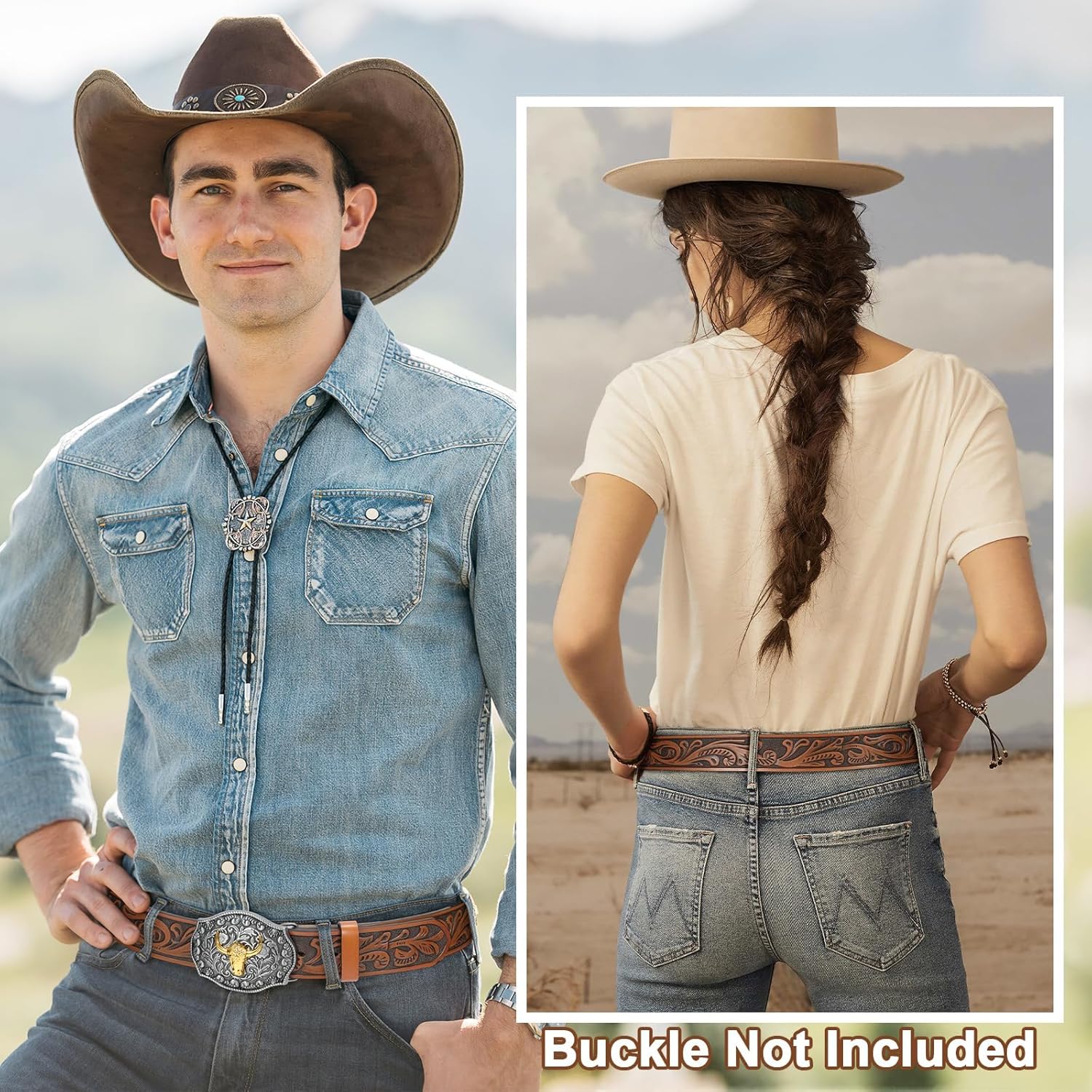 SANSTHS 2 Pack Western Belts for Men without Buckle, Cowboy Belt for Buckle Western Leather Belt Straps for Jeans - Image 2