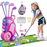 Toddler Golf Set 2-4 Years, Kids Golf Club with 8 Balls, 4 Plastic Clubs, Putting Mat, Scoreboard, Storage Bag, Indoor Outdoor Game with Golf Cart Sport Toy Gift for Baby Boys Girls Age 3-5, Pink
