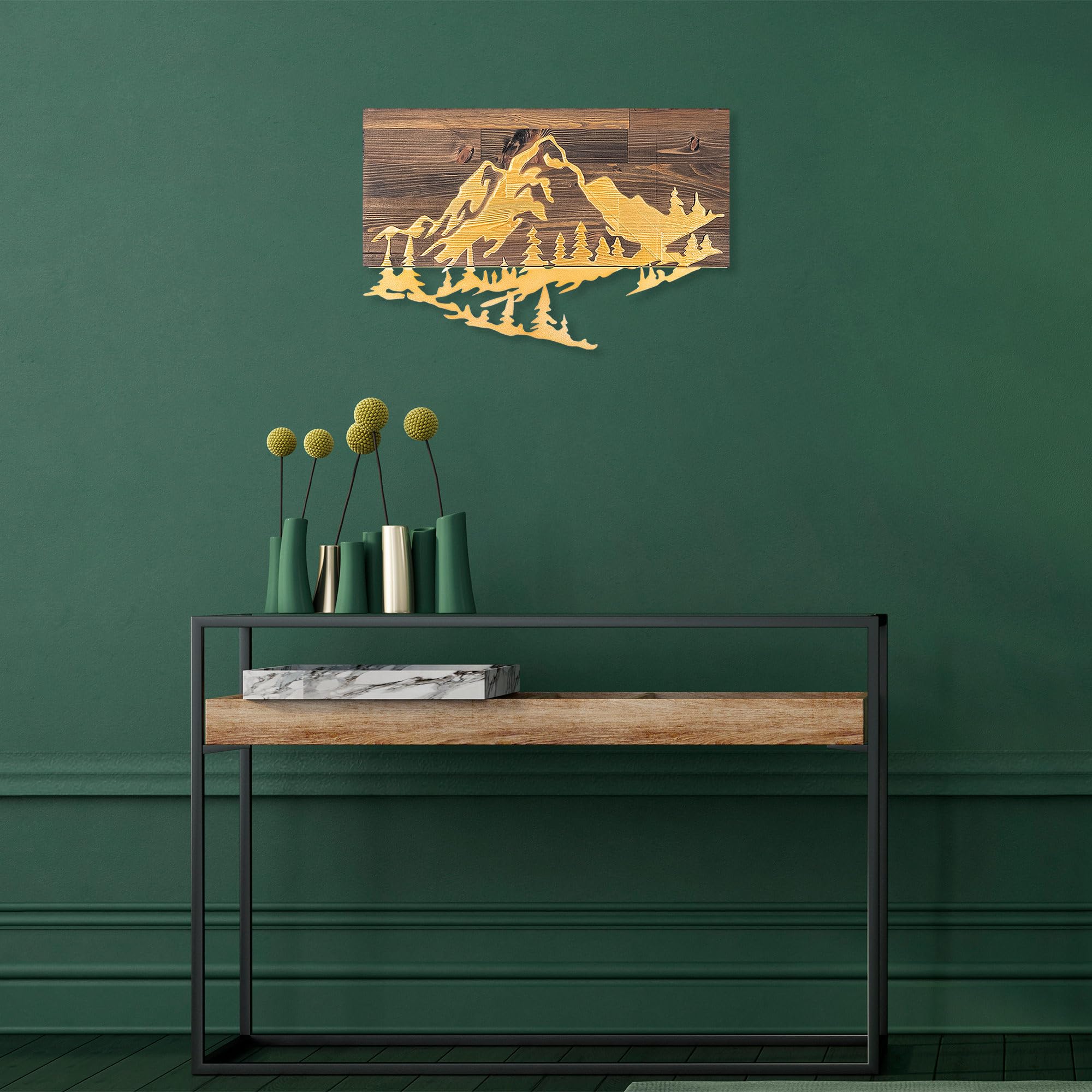 Elegant Decorative Wooden Wall Accessory, Walnut & Gold, 38 x 58 cm, 50% Wood (3 cm) & Metal (1.5 mm), Unique Texture & Colour Variations