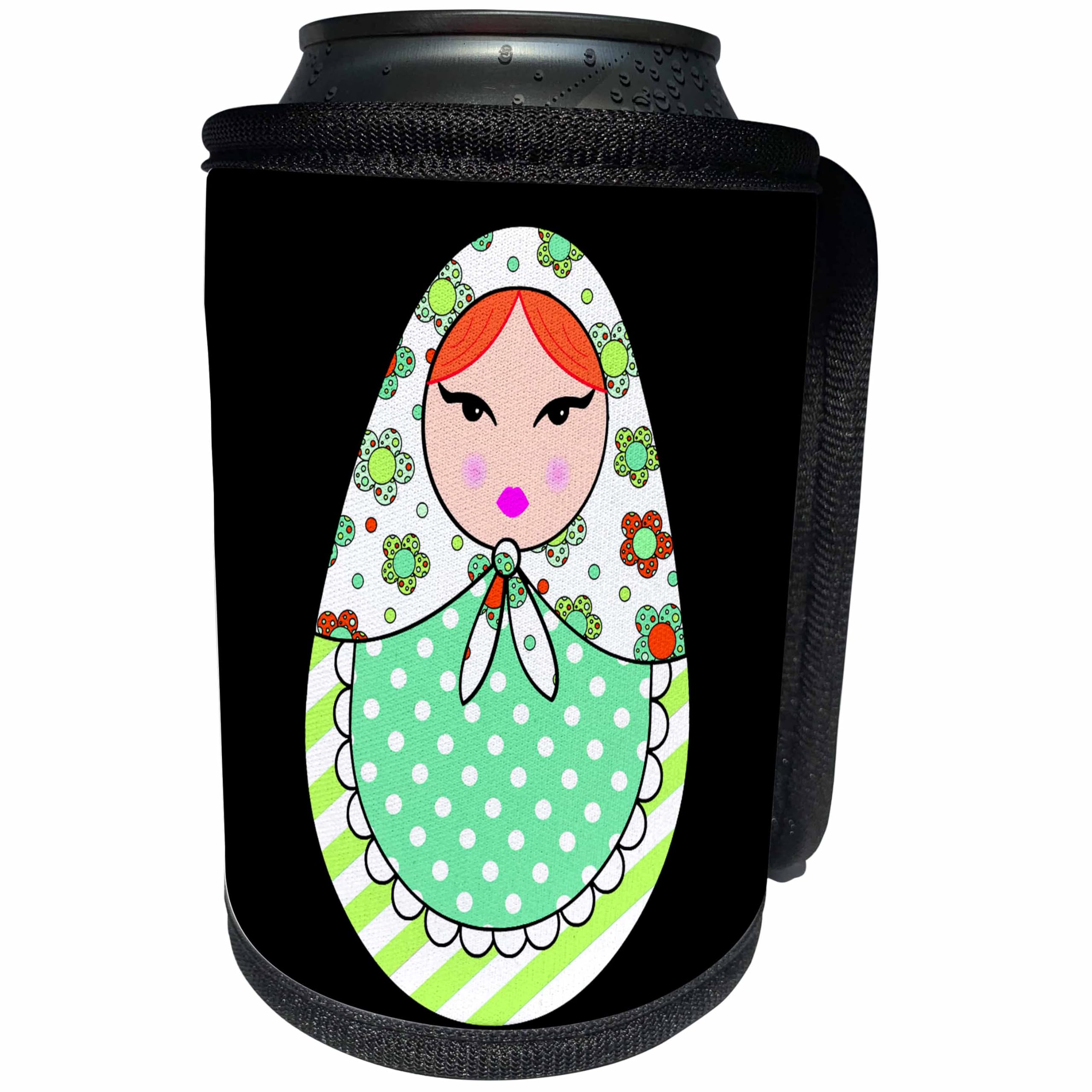 Can Cooler Bottle Wrap - Cute Russian Matryoshka Nesting Doll Orange Hair - Warm Colors Black Designs Dolls