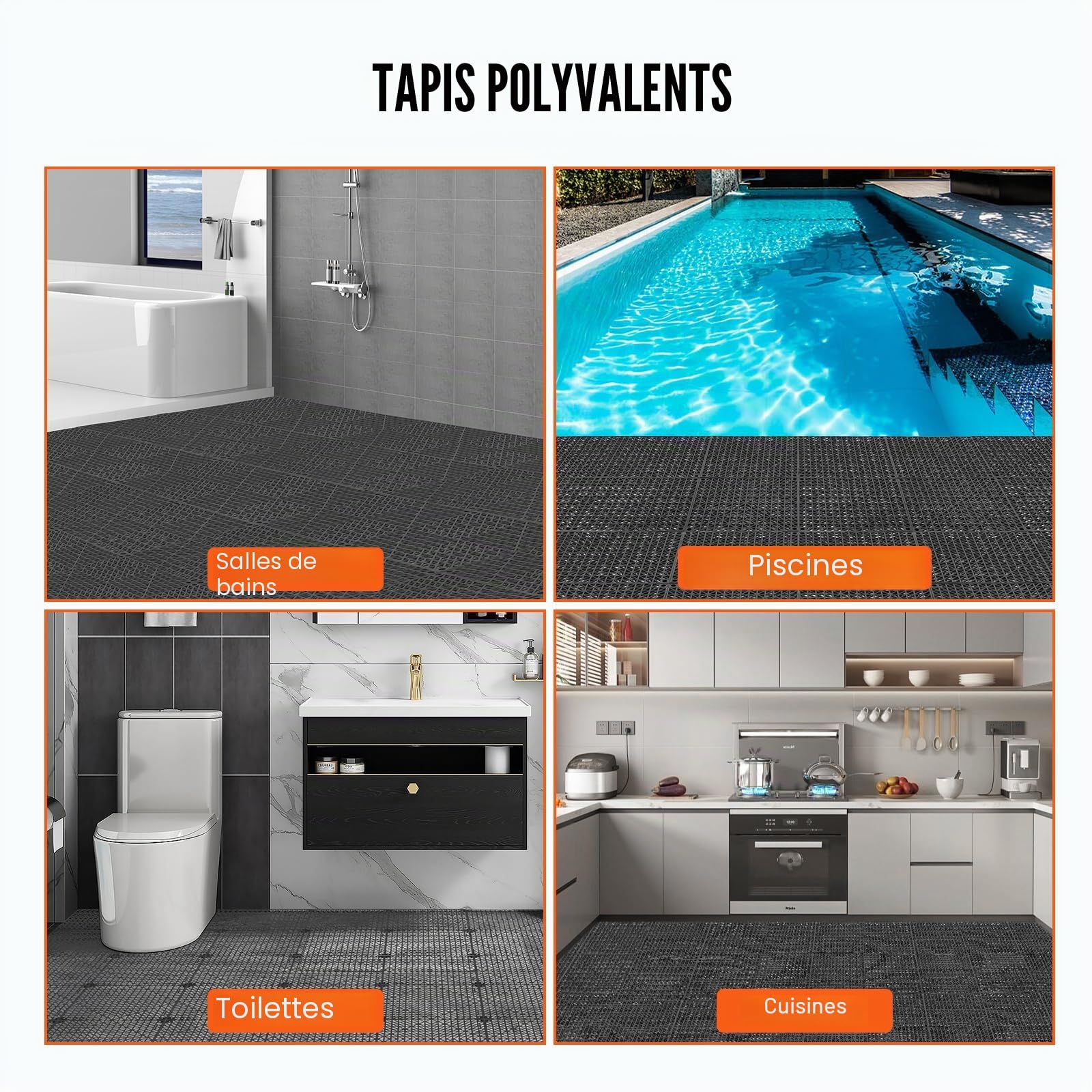 VEVOR Lot de 50 Dalles de Jardin Piscine 30x30x1,5 cm Noir Dalle Clipsable Ajourée Antidérapante en PVC Drainage Rapide Revêtements de Sol Extérieur Intérieur pour Terrasse Cuisine Spa Salle de Bain