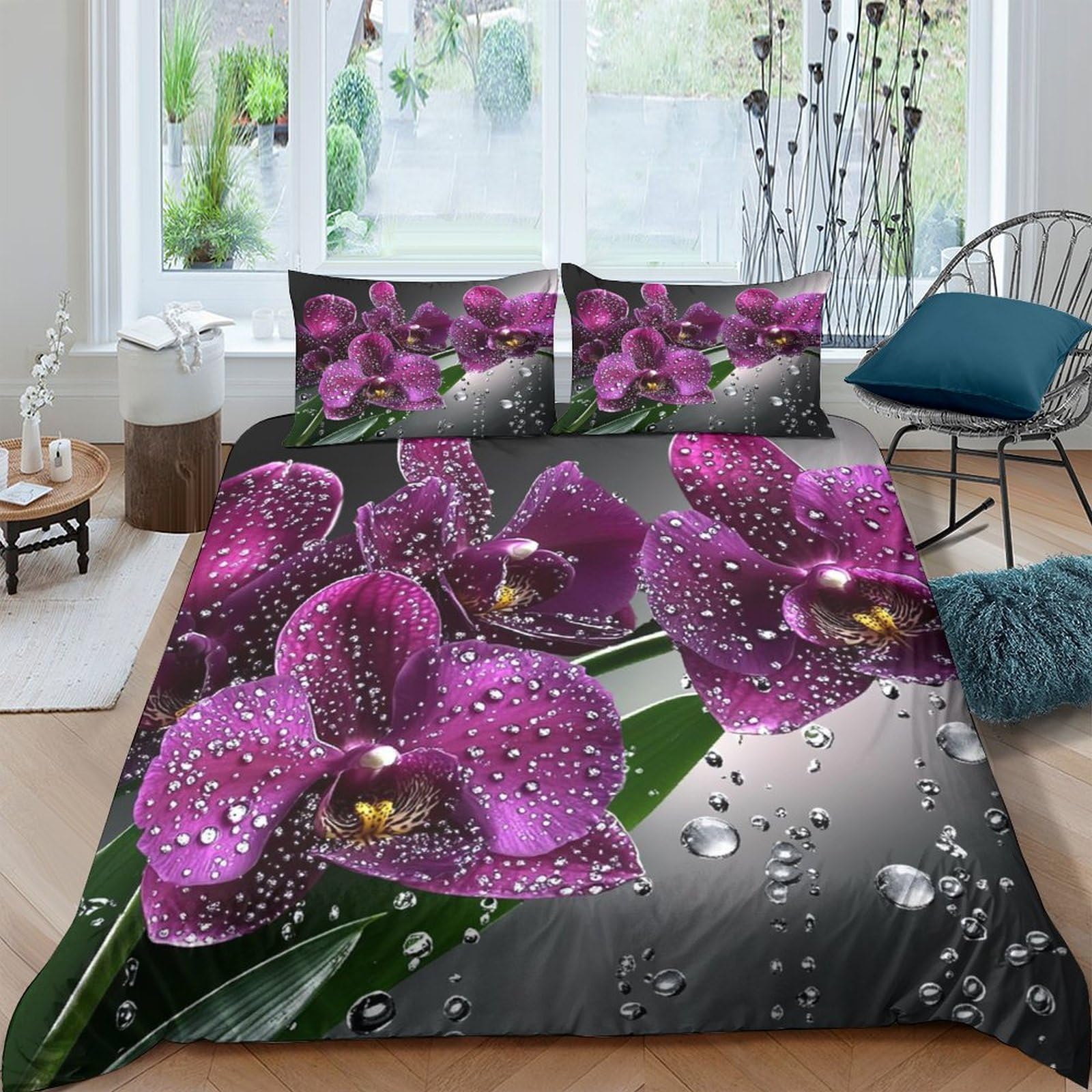 GPLZQXKJNH 3D Printed Purple Orchid Duvet Cover Microfiber Soft Breathable Water Droplets Bedding Set with 2 Pillowcases for Bedroom Decor Single（135x200cm）