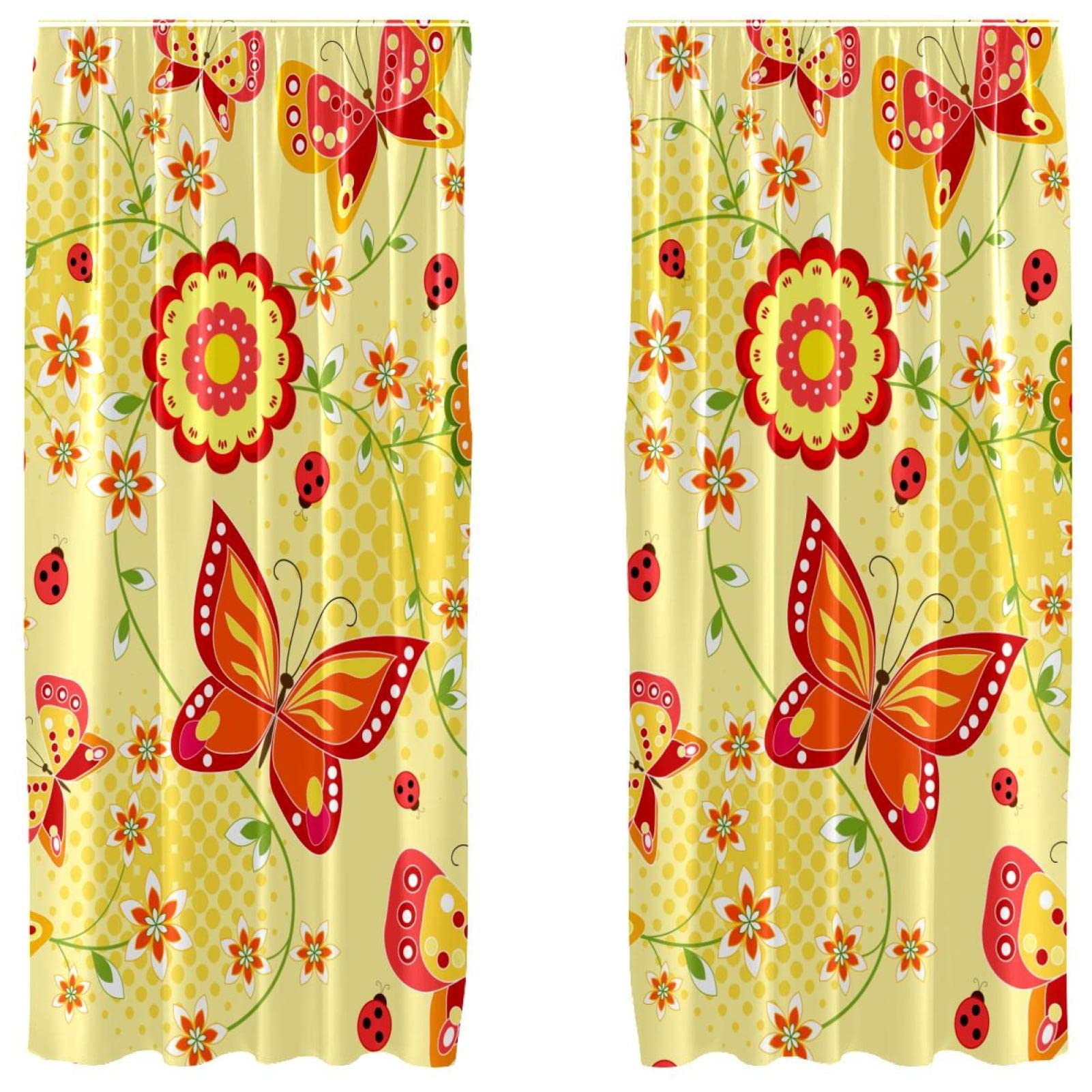Rideaux papillon jaune pour salon | Lot de 2 voilages décoratifs fleuris et lumineux