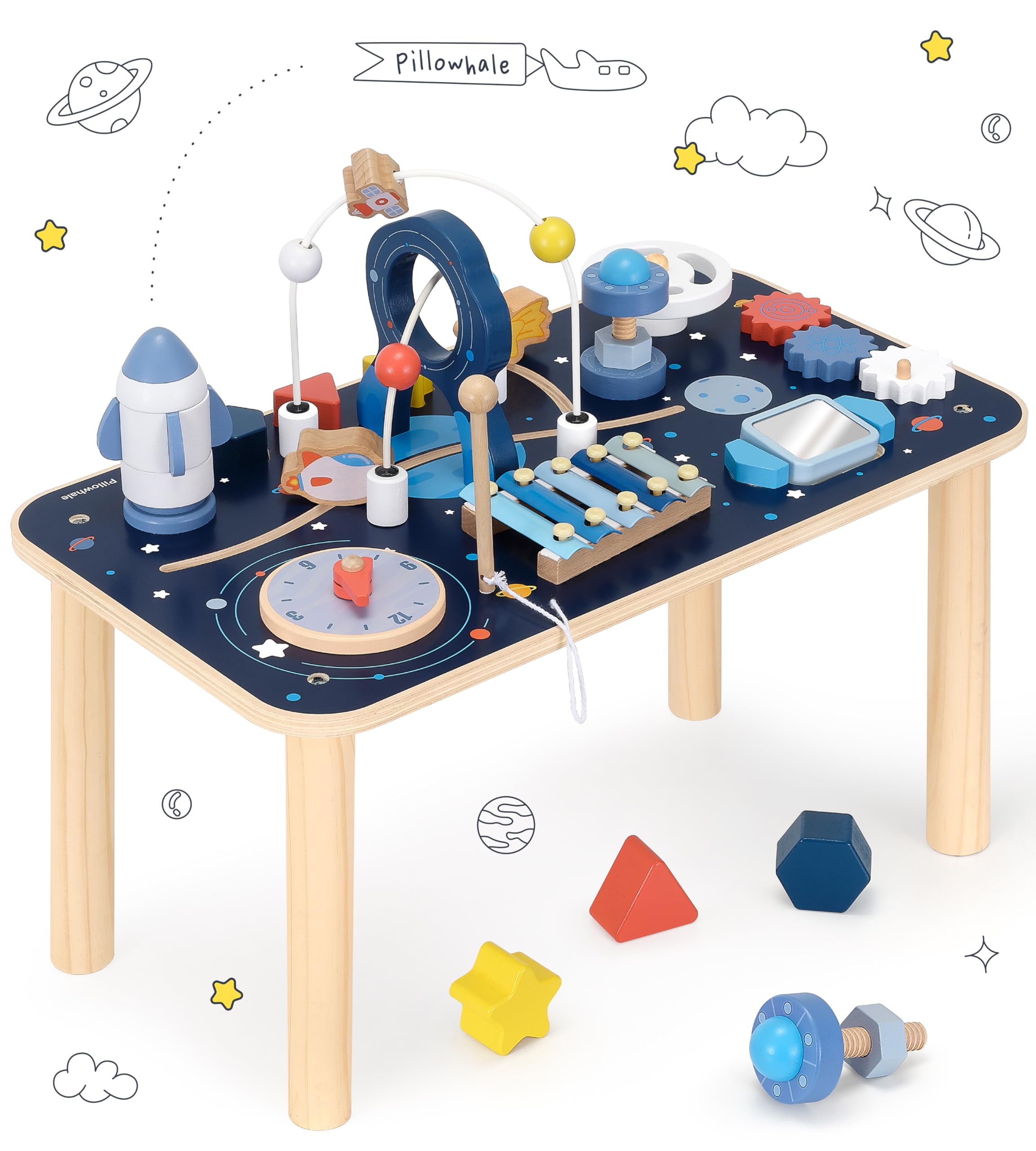 Mesa de actividades de madera 10 en 1 para niños de 1 año | Centro de actividades Montessori para bebés y cubo de juego sensorial con xilófono, bloques de cohetes, laberinto de cuentas 7