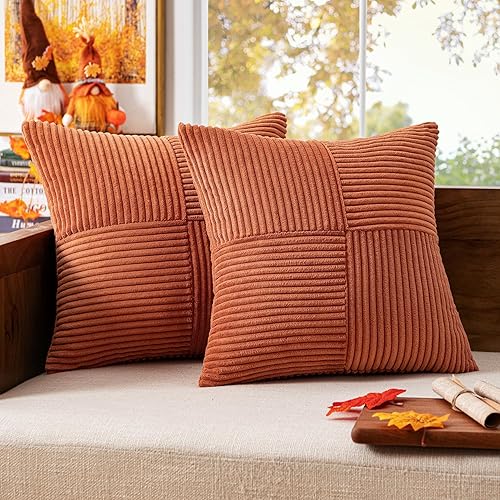 MIULEE Juego de 2 fundas de almohada de pana oxidada, fundas de almohada decorativas bohemias empalmadas, suaves y sólidas, fundas de cojín con