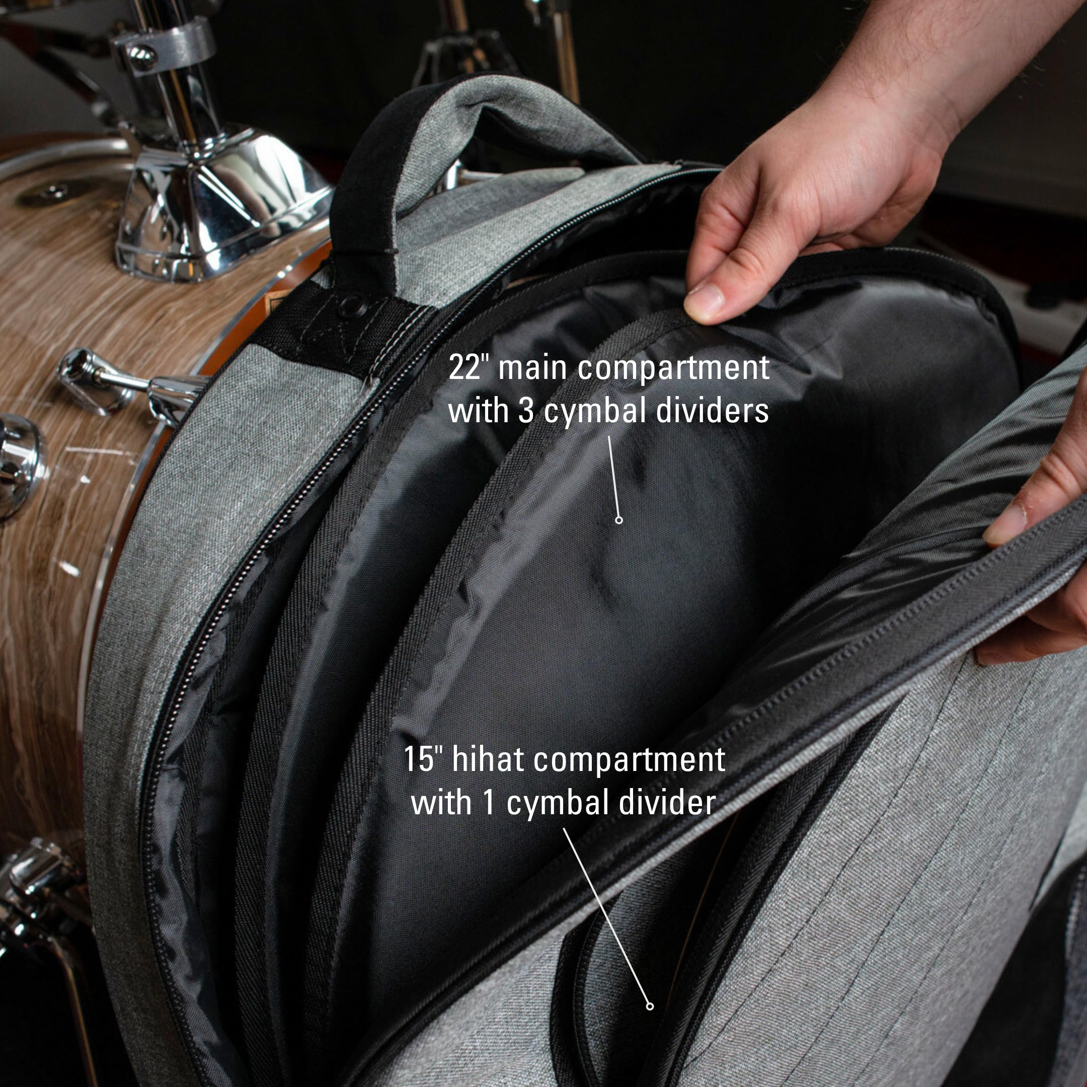 Meinl Cymbals Classic Woven Cymbal Bag – Schlagzeug Becken Tasche 22 Zoll (55,88cm) mit Rucksackgurten und Hihat Fach - inklusive 3 Beckentrenner – Drum Zubehör, Grau (MCCB22GY)