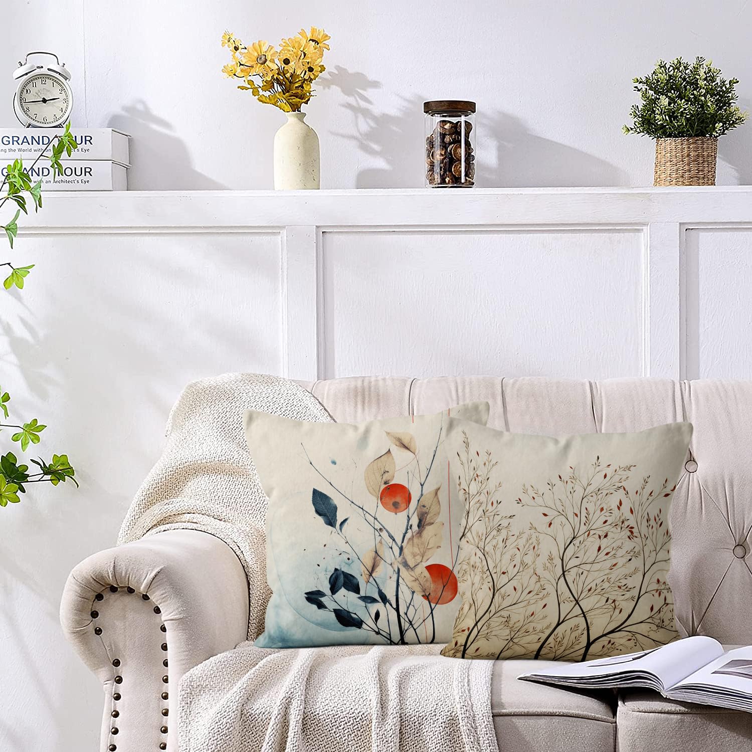 ASDCXZ Vintage Pillow Cover Set, 40x40 cm, Modern Retro Brown Beige Leaves Deco Washable Polyester Flax Textile Outdoor Pillow Cover - Image 4