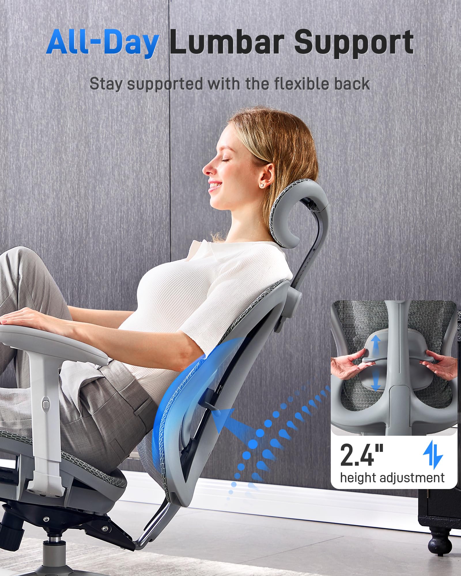 Ergonomic Office Desk Chair, Comfortable Computer Gaming Chair, Breathable Mesh Back & Seat, Adjustable Armrest & Headrest, Lumbar Support, Butterfly Design for Home Office (Gray)