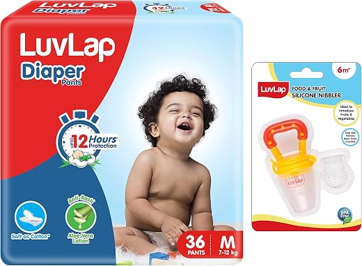 LuvLap Baby Diaper Pants M Size (Medium), Pack of 36 Count,&amp; LuvLap Silicone Food/Fruit Nibbler
