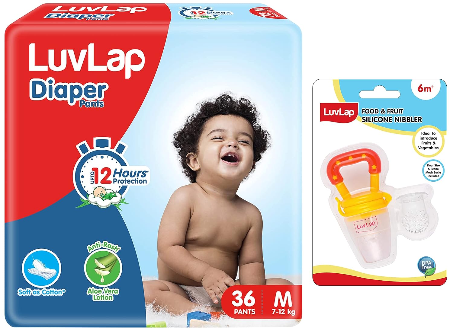LuvLap Baby Diaper Pants M Size (Medium), Pack of 36 Count,& LuvLap Silicone Food/Fruit Nibbler