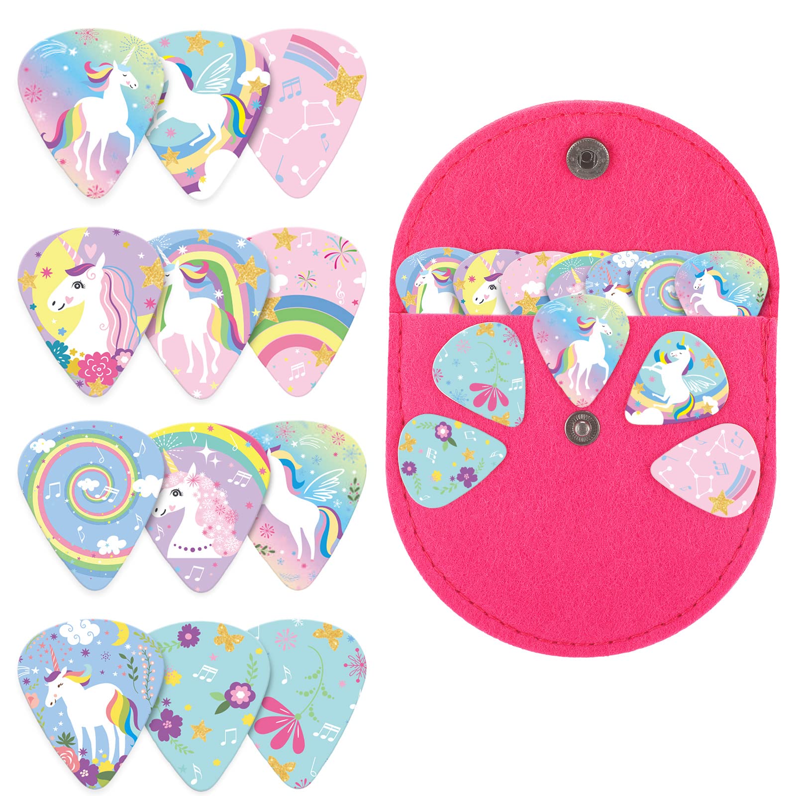 24 Pieces Unicorn Guitar Picks for Kids Girls, Unicorn Medium Celluloid Guitar Picks with 1 Holder Case for Bass Music Instruments, Girls Child Teen Daughter Gift