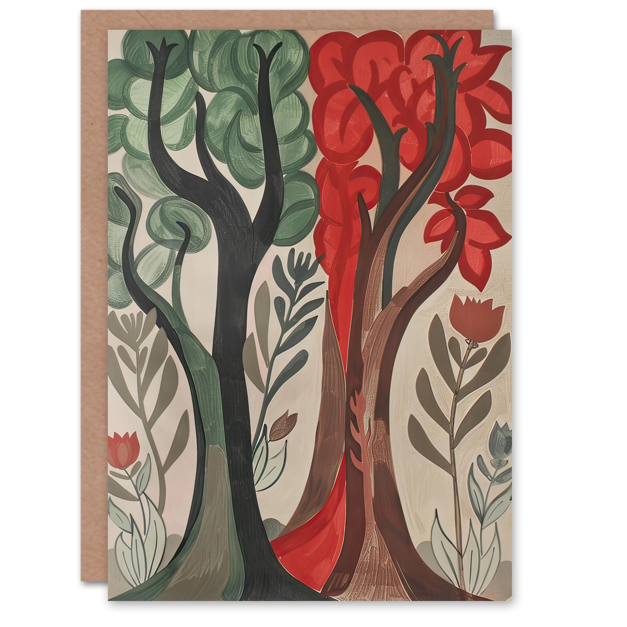 Artery8 Greeting Card Two Trees Wildflower Forest Painting Folk Art Blank For Him Or Her Art Birthday Card