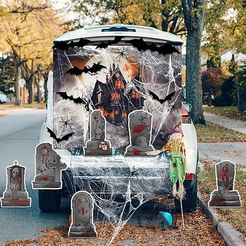 Miniatura 7 de Fulmoon Kit de decoración de Halloween para maletero o automóvil con calcomanía de lápida, telarañas, murciélagos, banderines de susto, lápida,