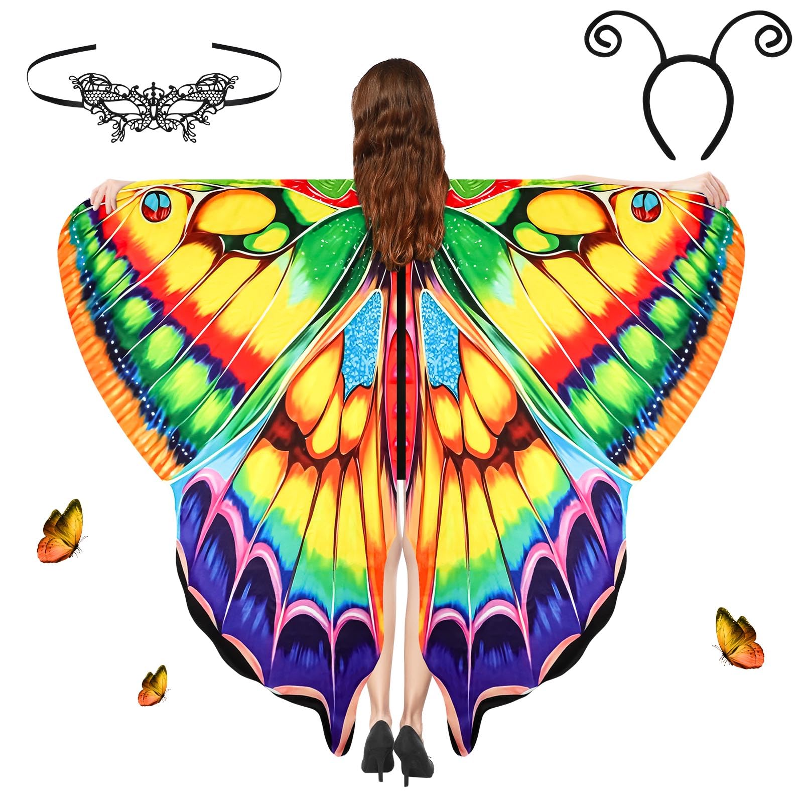 Aomig Schmetterling Kostüm Damen, 3PC Schmetterlingsflügel Erwachsene Frauen mit Maske, Bunter Schmetterling Umhang Schal Flügel Nymphe Pixie Kostüm für Halloween Party Weihnachten Cosplay Karneval