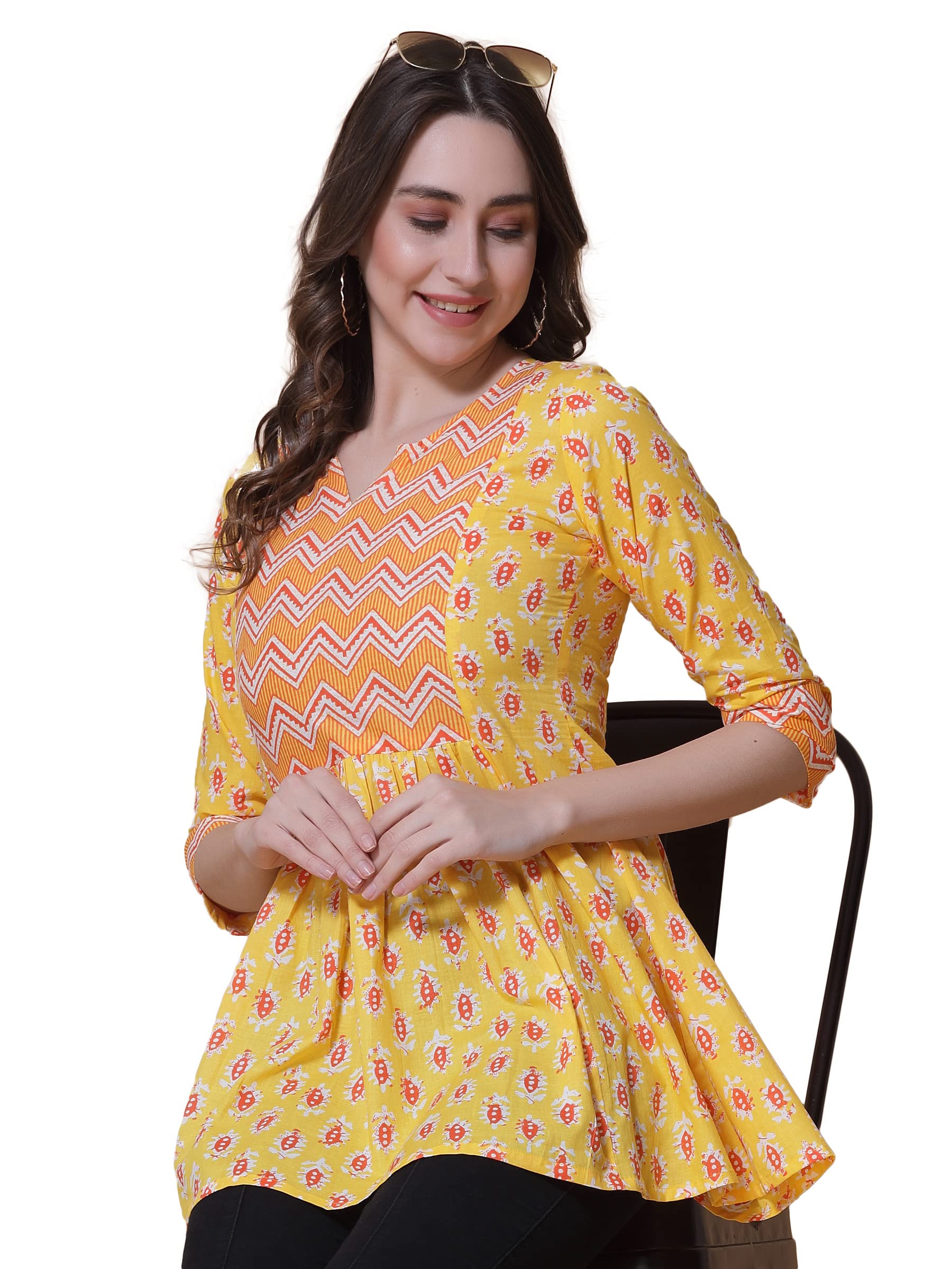 god bless Yellow Colored Cotton Printed Peplum Tops-picture-30