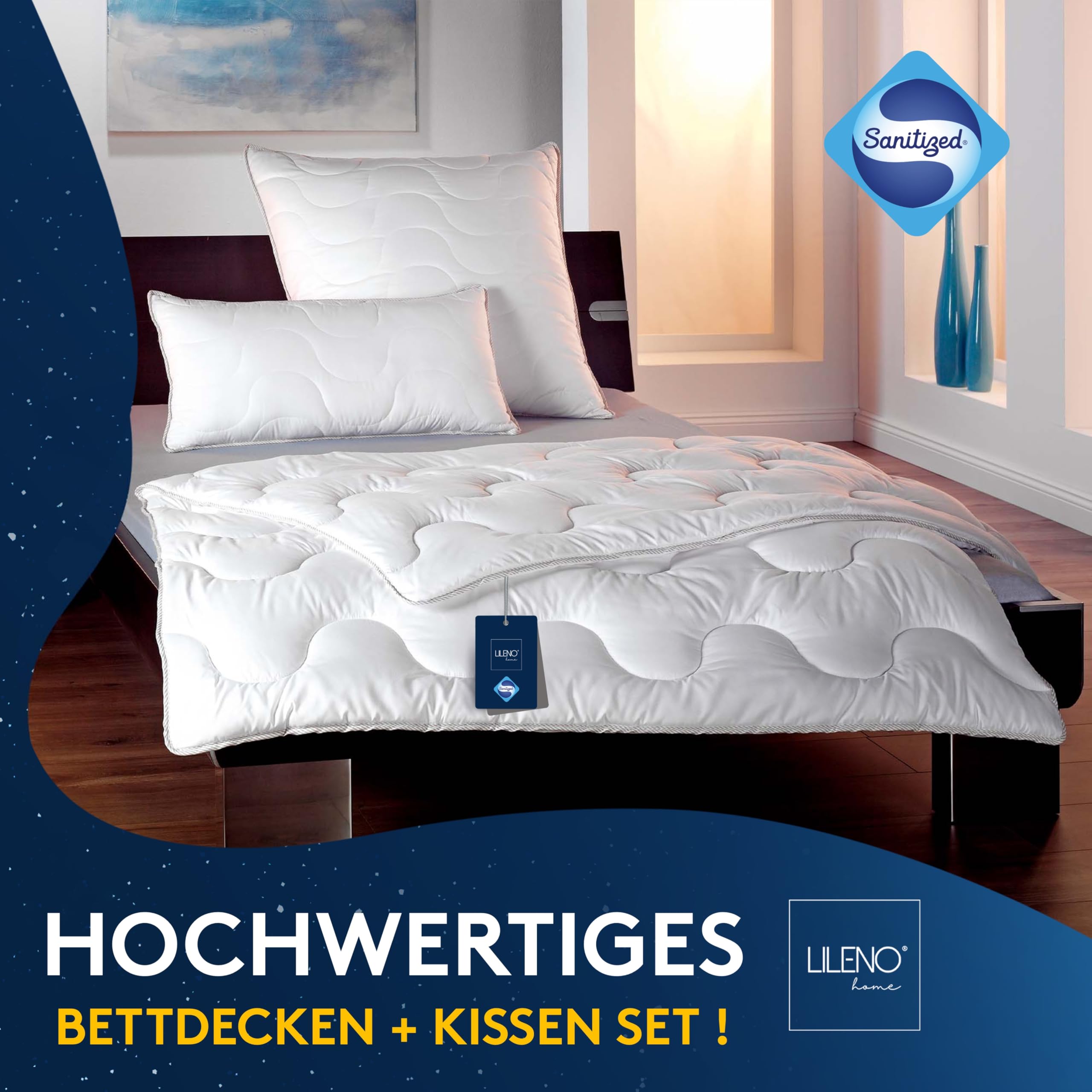 LILENO HOME Bettdecke 135x200 Set mit Kissen - Ganzjahre Bettdecke 135x200 mit Kopfkissen 80x80 cm als Set - Decke und Kissen mit antibakterieller Ausrüstung u. Kochfest bis 95° C