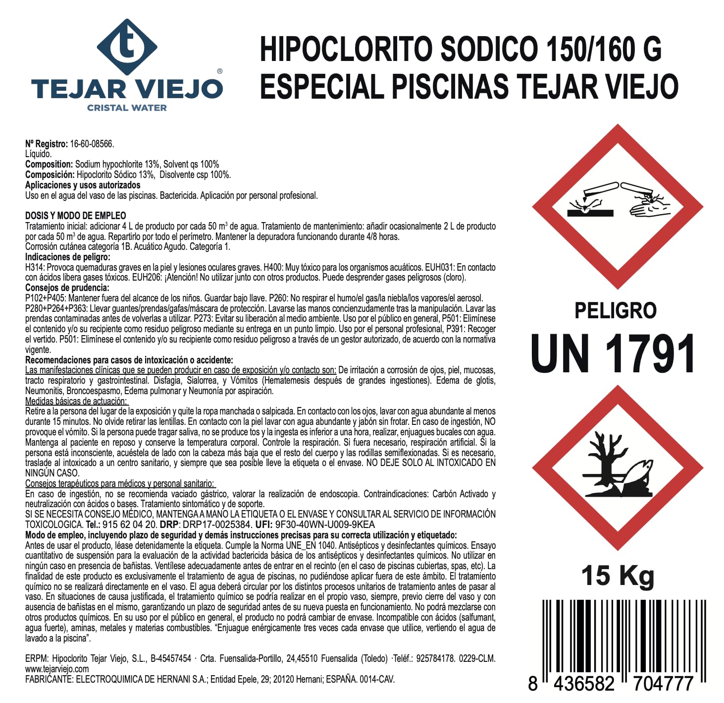 Mugar- Hipoclorito Sódico para Tratamiento de Piscinas en Garrafas de 10 litros- 15kg - Marca Mugar- Apto para Liner y Poliéster