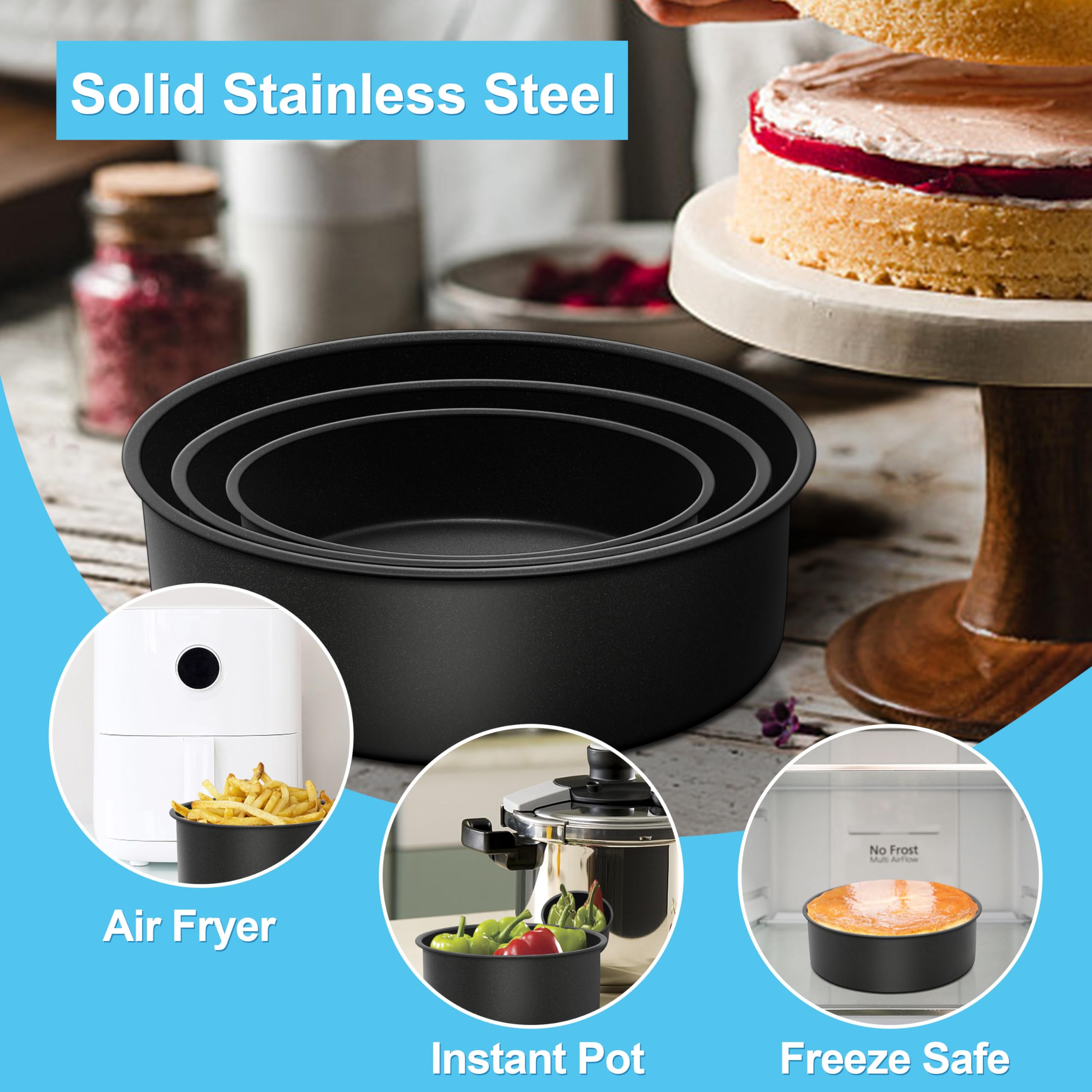 E-far Juego de 3 moldes para tartas (6/8/9½ pulgadas), moldes redondos de acero inoxidable antiadherentes para hornear pasteles de boda, núcleo de acero inoxidable y revestimiento no tóxico, lado