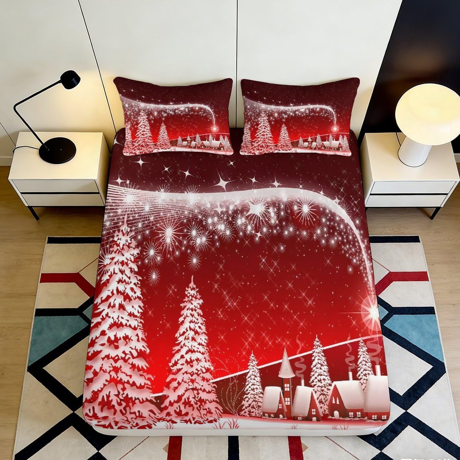 3D Printed Red Christmas Tree Fitted Sheet Microfiber Soft Snow Scene Bed Cover for Bedroom Guest Room Decor 90x200x25cm