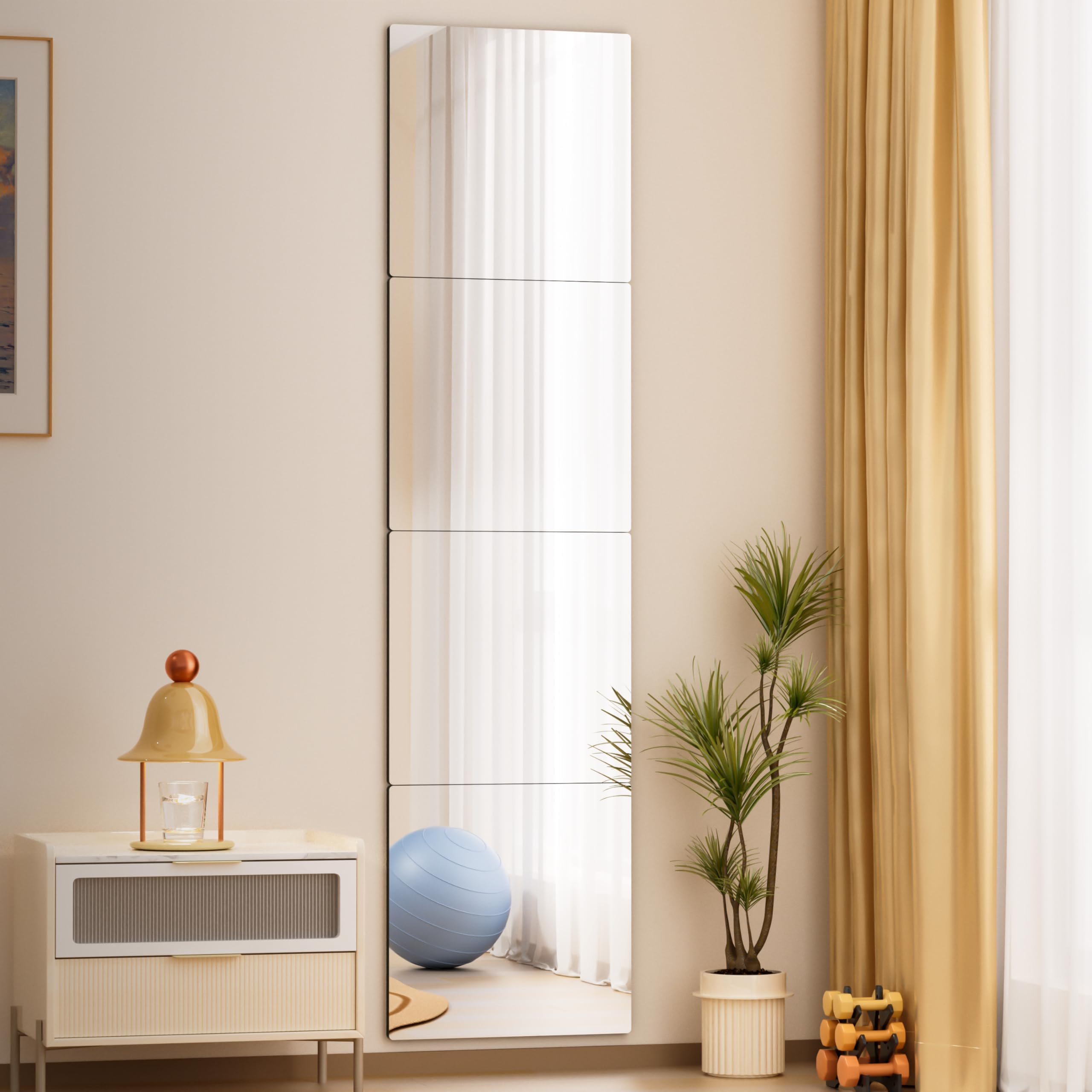 Hasipu Fitness-Spiegel, 29 x 29cm x 4 Stück Packung Wandspiegel Klebespiegel, DIY Türspiegel Ganzkörperspiegel, rahmenloses gehärtetes Glas, Klebewand für Schlafzimmer Wohnzimmer Schranktür