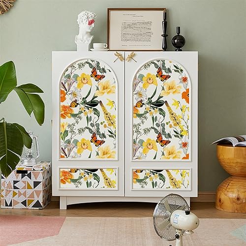 Miniatura 5 de Blooming Wall DPYC07 - Papel tapiz autoadhesivo con hojas de flores blancas y amarillas con mariposas, autoadhesivos, prepegados, decoración de pared