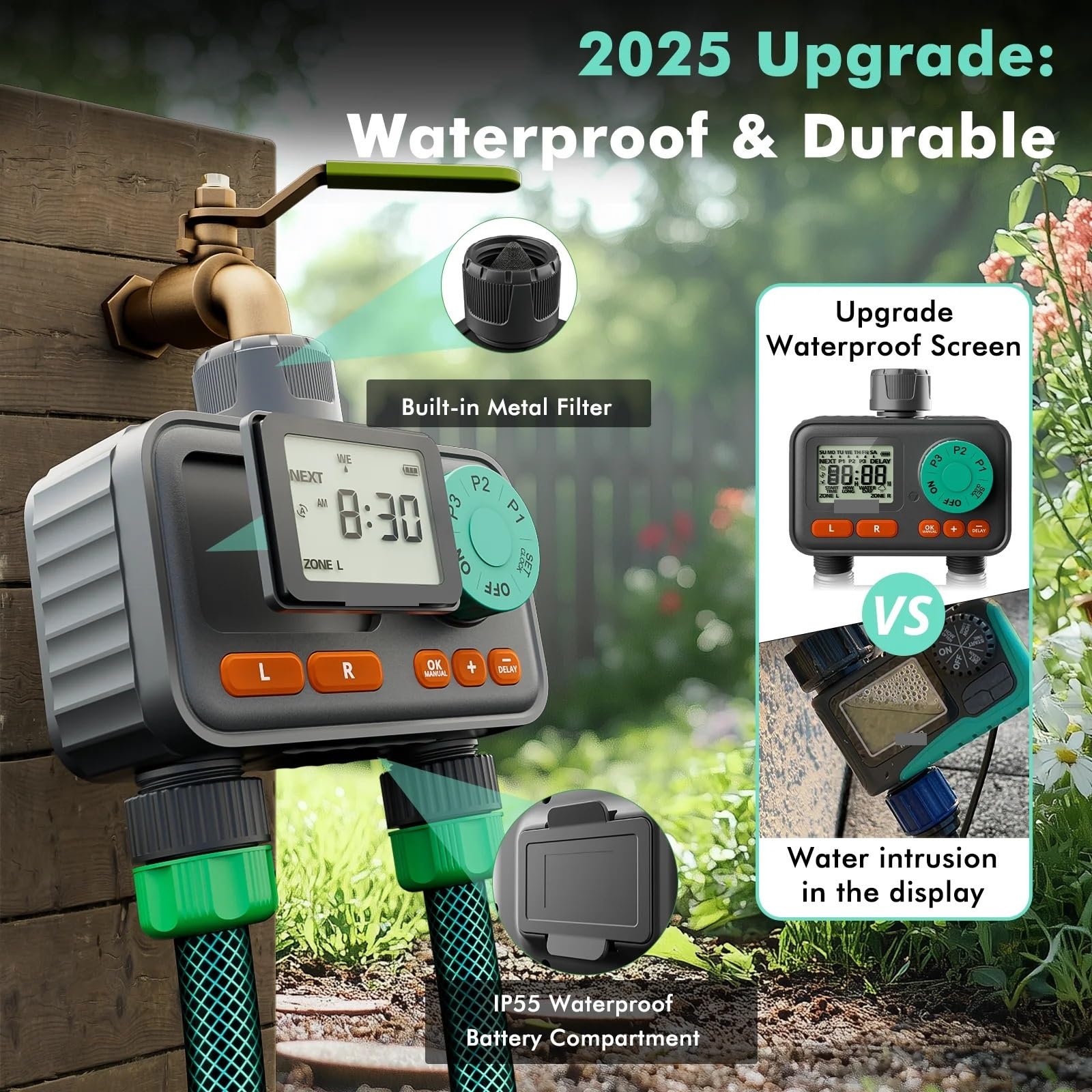 Timer per l'irrigazione, Timer for irrigazione a 2 zone con 3 programmi separati, timer for irrigazione programmabile a 7 giorni for tubo da giardino