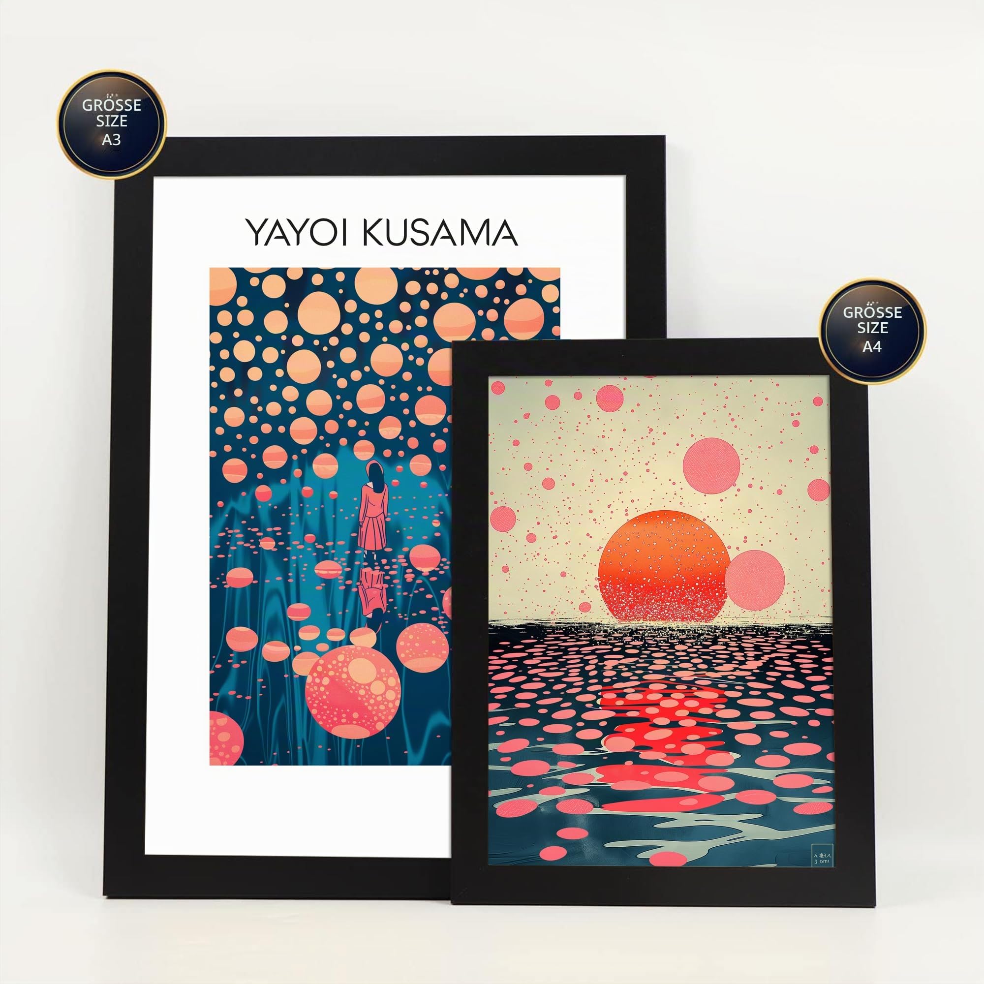 Nacnic 6er-Set Yayoi Kusama Sonnenuntergang Wasser Blau Orange Rot Lila Farben Janapise Gerahmtes Poster mit Design-Illustrationen zur Dekoration der Wände Ihres Zuhause im A3 A4 Schwarzer Rahmen