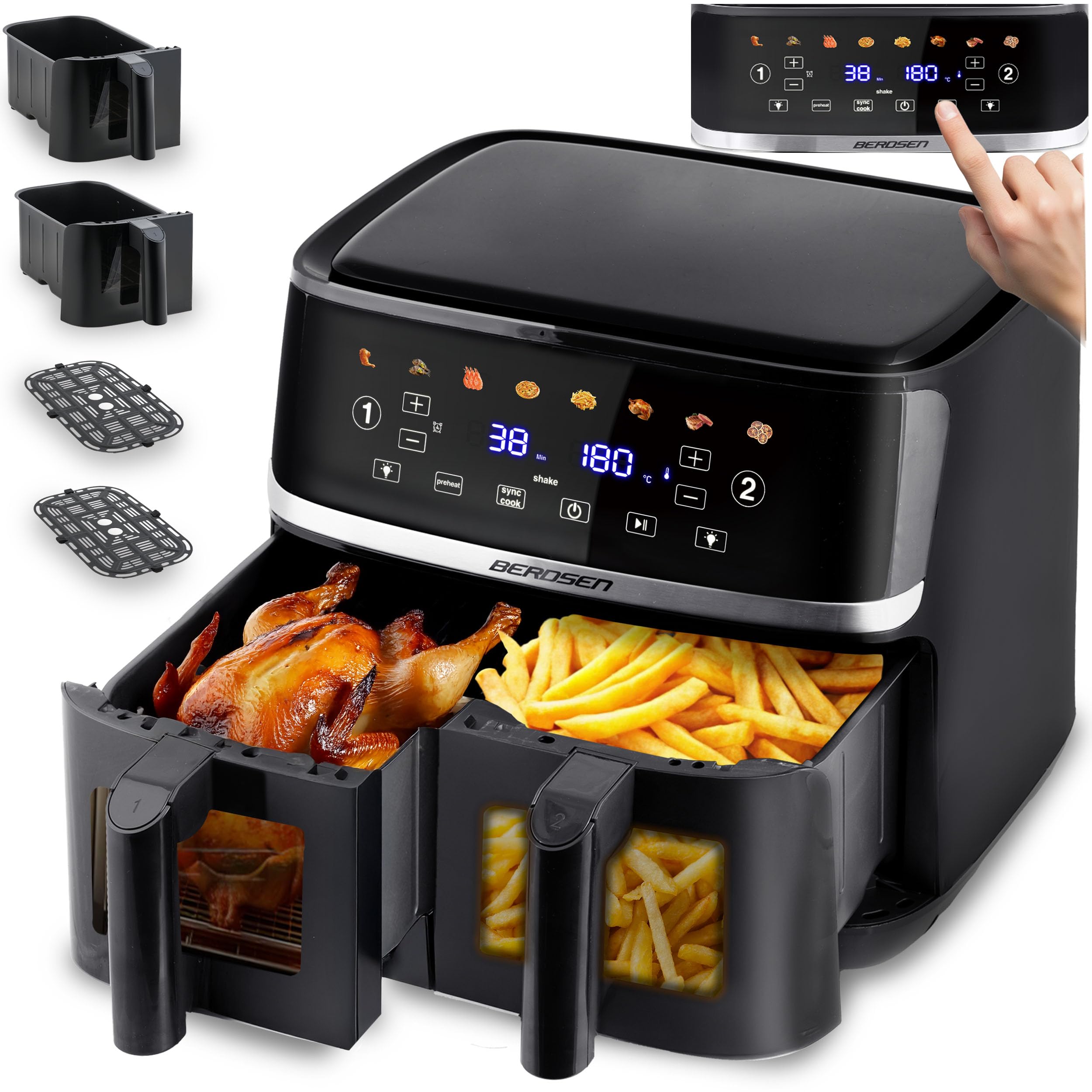Berdsen Frytkownica Beztłuszczowa XXL 10,2L Dwie Komory - Airfryer z 2 Okienkami i Ekranem Dotykowym - 1700W - 8 Programów - Można Myć w Zmywarce