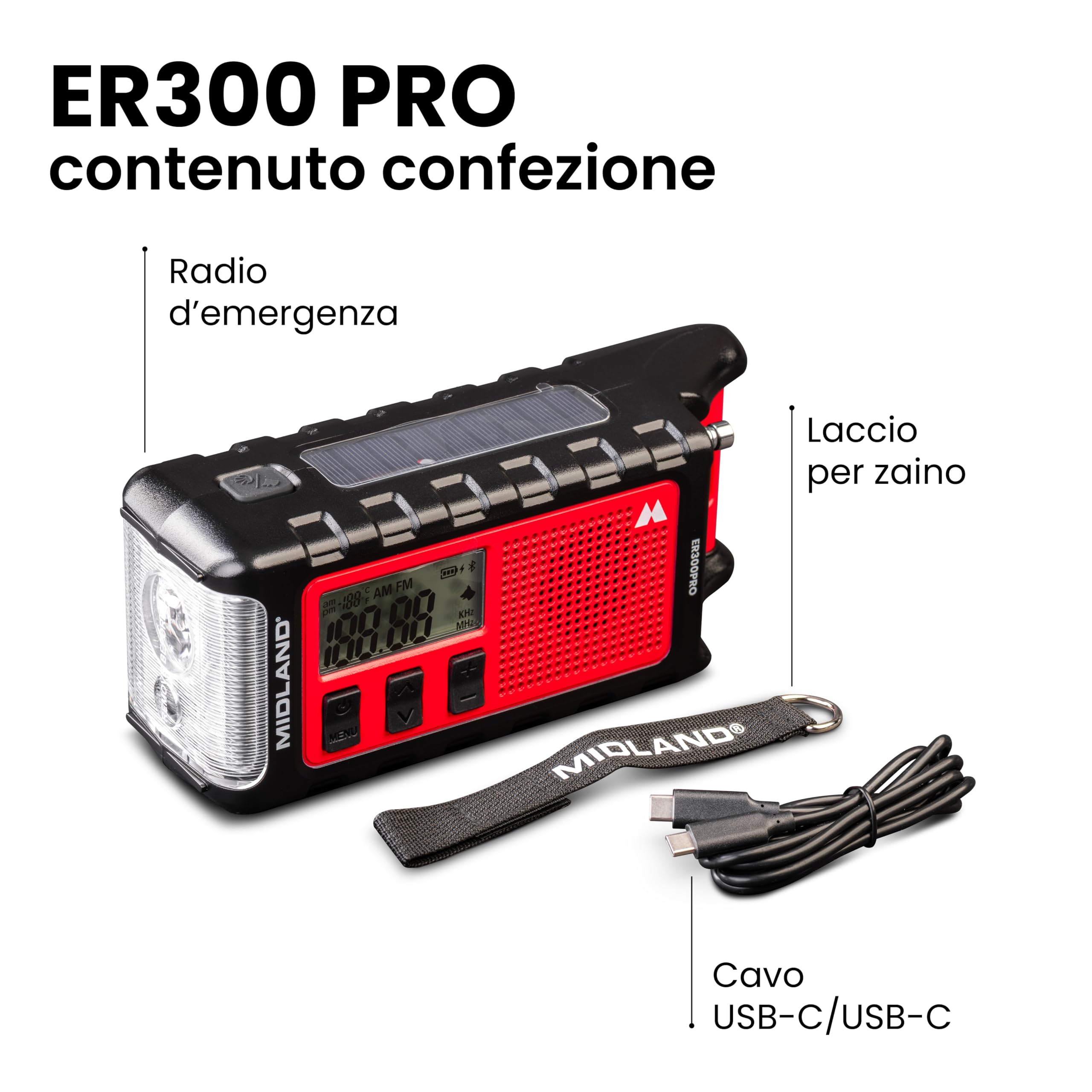 Midland ER300 PRO C1663-Power Bank d'Emergenza Ricaricabile x 2 Smartphone Batteria Ricaricabile 10.000 mAh USB-C/Solare/Dinamo, Bluetooth, Radio AM/FM, Torcia SOS 130LM, Autonomia Fino 100H