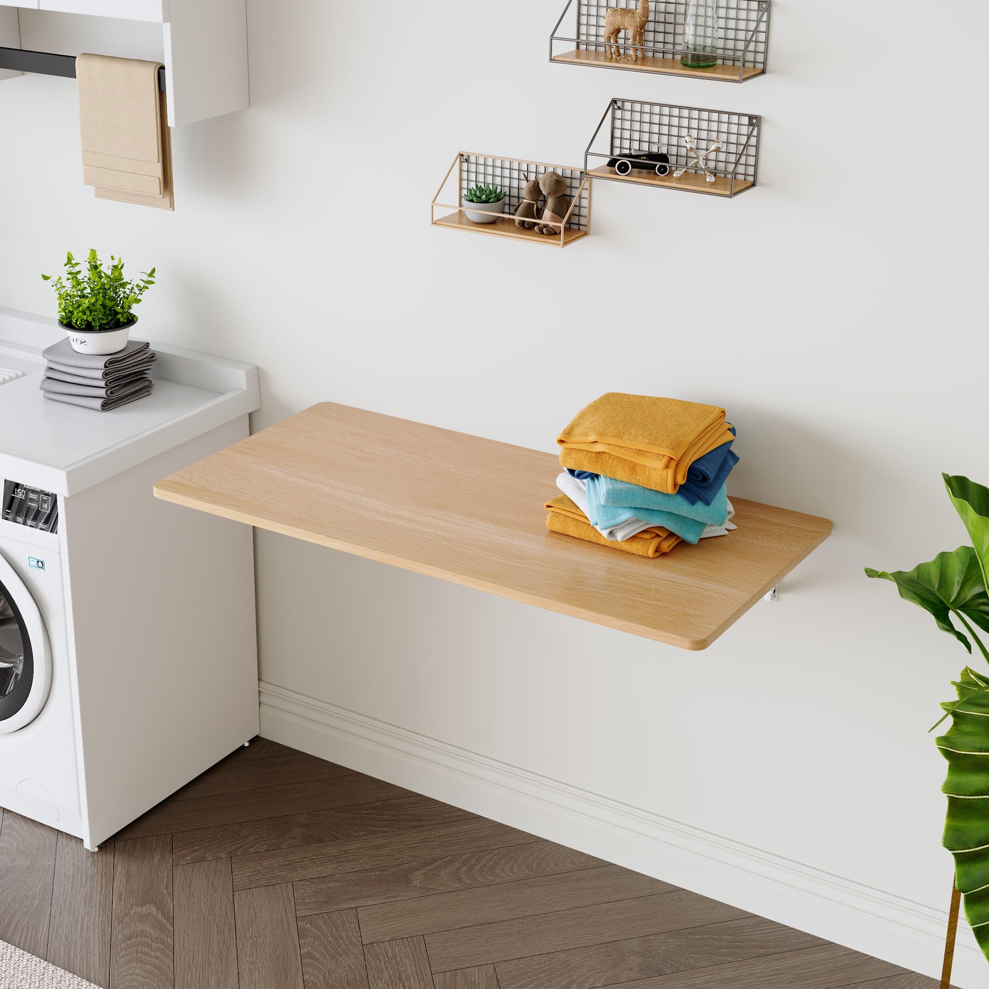 wall mounted folding table for laundry room, burly wood, 44.8 x 22 inch, fold down desk for garage, home office, kitchen