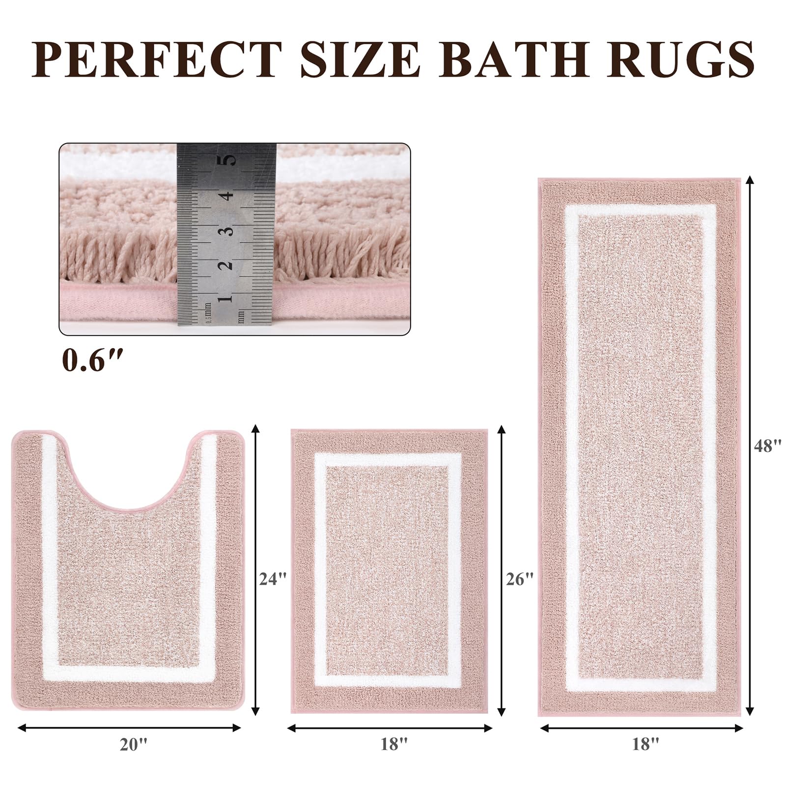 Pauwer - Juego de 3 alfombras de baño antideslizantes, absorbentes y peludas, incluye contorno de váter en forma de U, para baño, dormitorio, sala de estar, rosa polvoriento