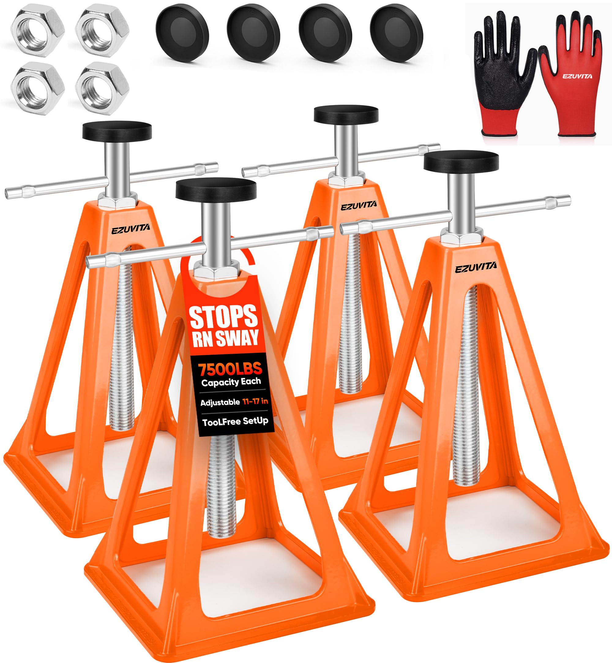 Photo 1 of EZUVITA 4-Pack RV Stabilizer Jacks – Each Supports Up to 7500 Lbs, Adjustable 11"–17", Heavy Duty Aluminum with Spare Nuts, Rubber Pads & Gloves for Travel Trailer Camper, Motorhome
