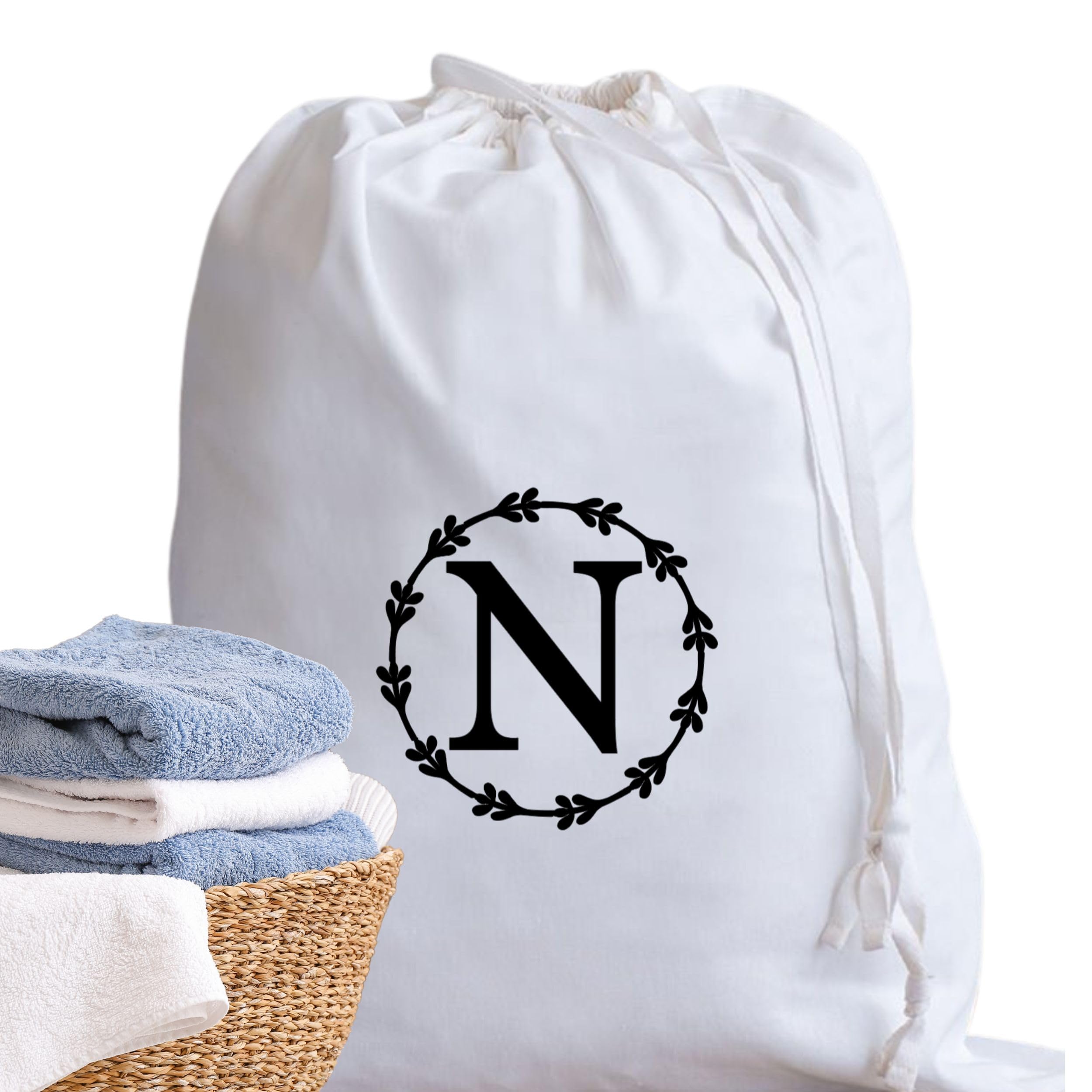 A-Z Cotton Laundry Bag Personalised Initial Gifts - Holiday Essentials Bathroom Accessory Dry Bag Drawstring Bags for Travel Camping University Essentials Personalised Gift Monogram N