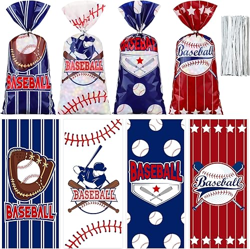 Hotop 100 bolsas de celofán de béisbol, regalos de fiesta de béisbol, bolsas de regalo, golosinas de golosinas con lazos, suministros de decoración