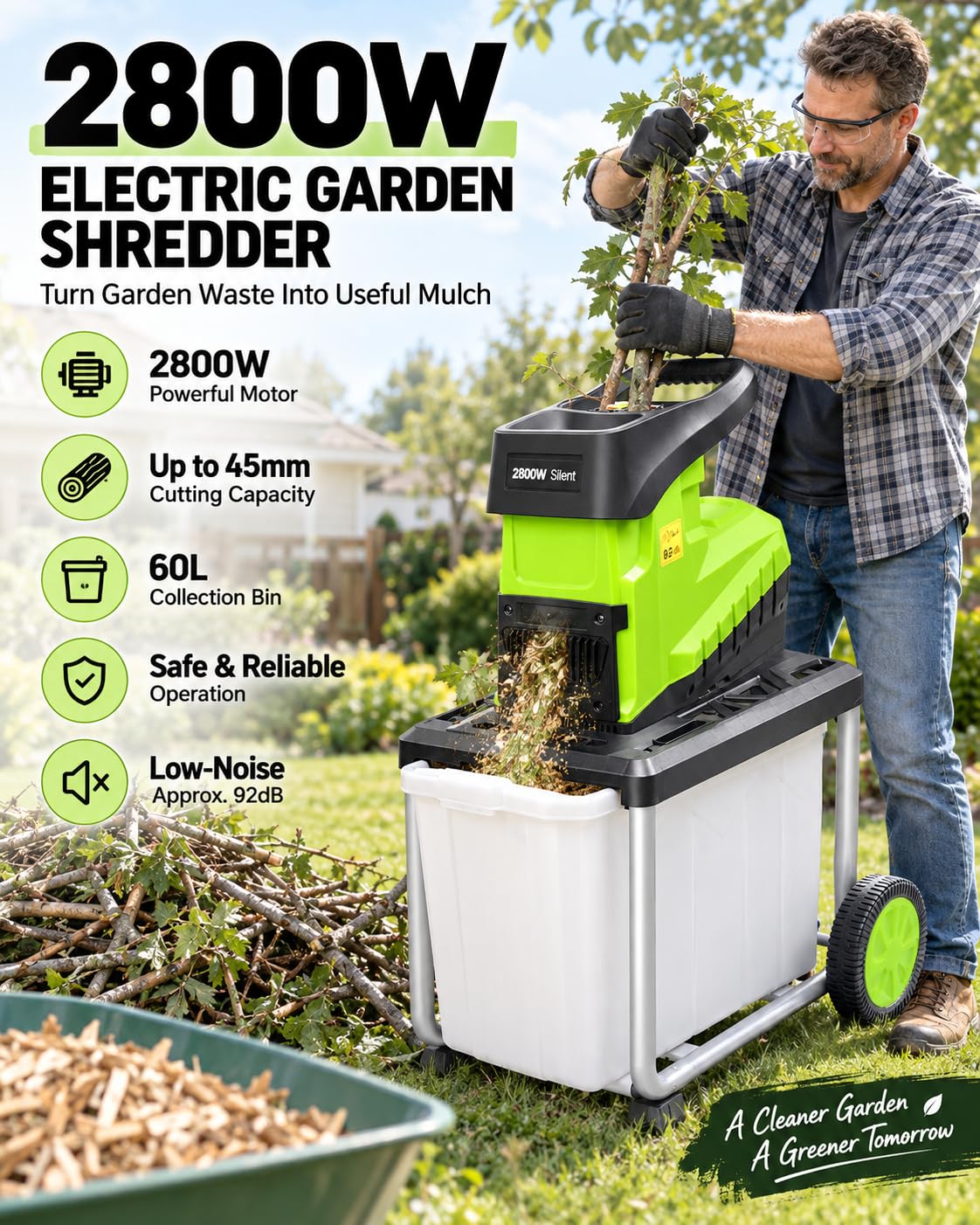Broyeur De Jardin Électrique 2800W, Pour Branches Jusqu’à 45mm