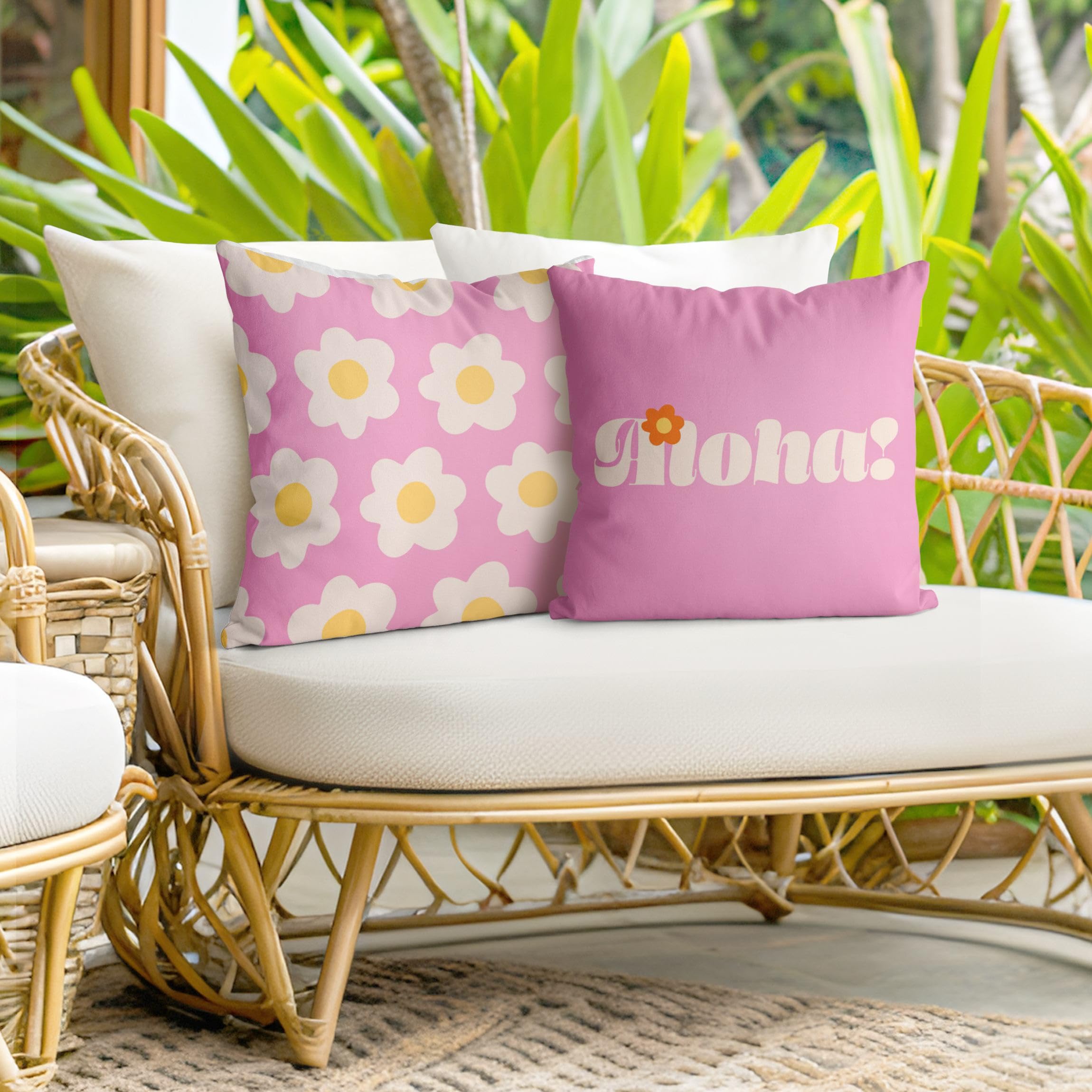 Dekokissen 2-teilig draußen/Outdoor waschbar Sprüche mit Füllung Zierkissen - Made in Germany - Blumenmuster Bezug rosa Sofakissen Pop Art Outdoor Sofa Bett 1235