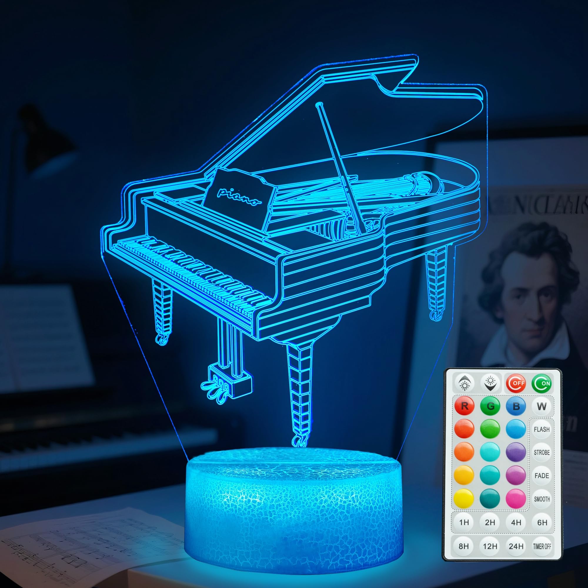 POSSHE Piano Night Light, Instrument Gifts, Piano 3D Illusion Lamp with 16 Colors Changing, Timer, 4 Flash Modes and Dimmable, Kids Boys Girls Room