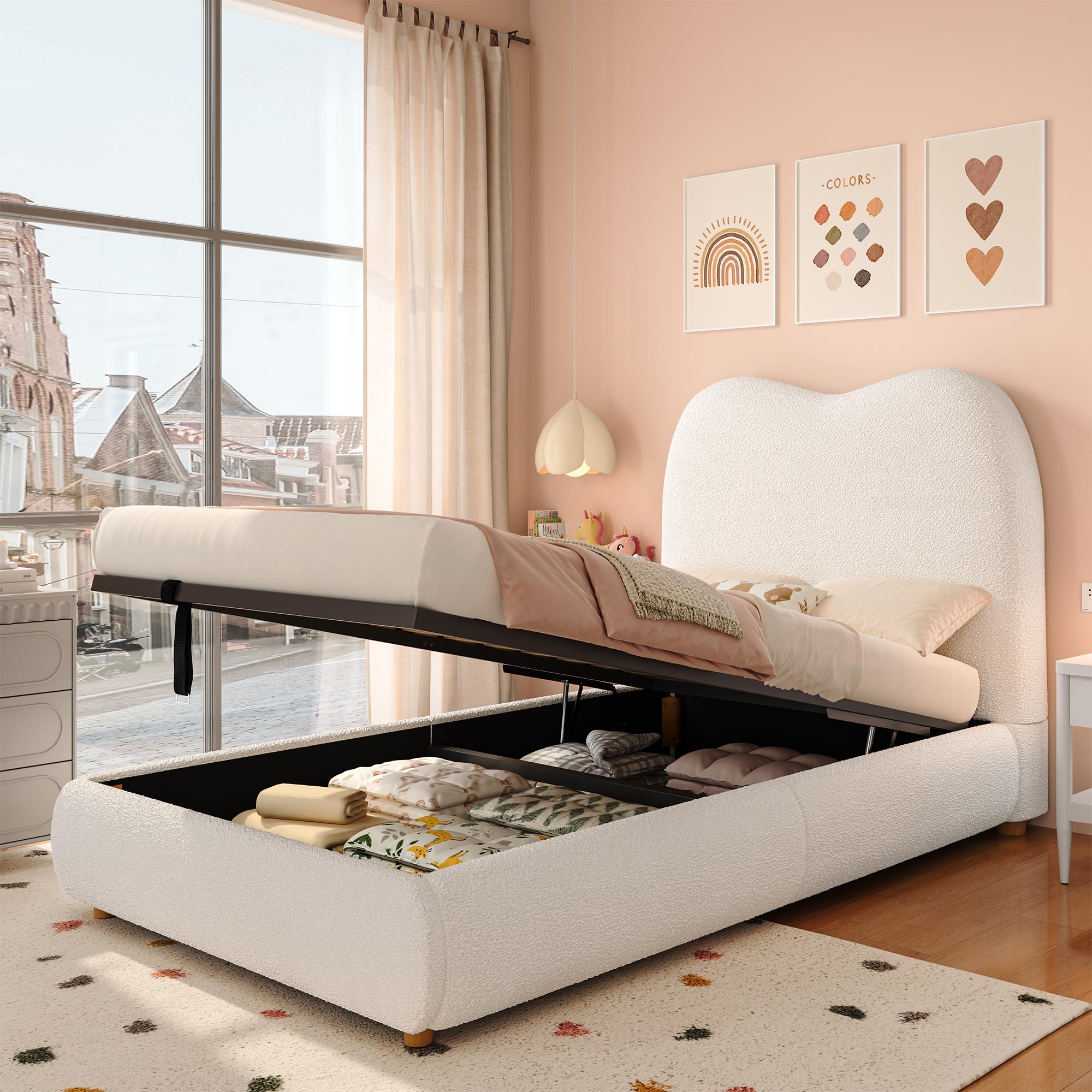 Letto Tessile 90x200cm con Sommier a doghe stabili e Struttura Letto Singolo fissa in metallo boucle mdf con cassone idraulico spalliera moderna camera casa Beige