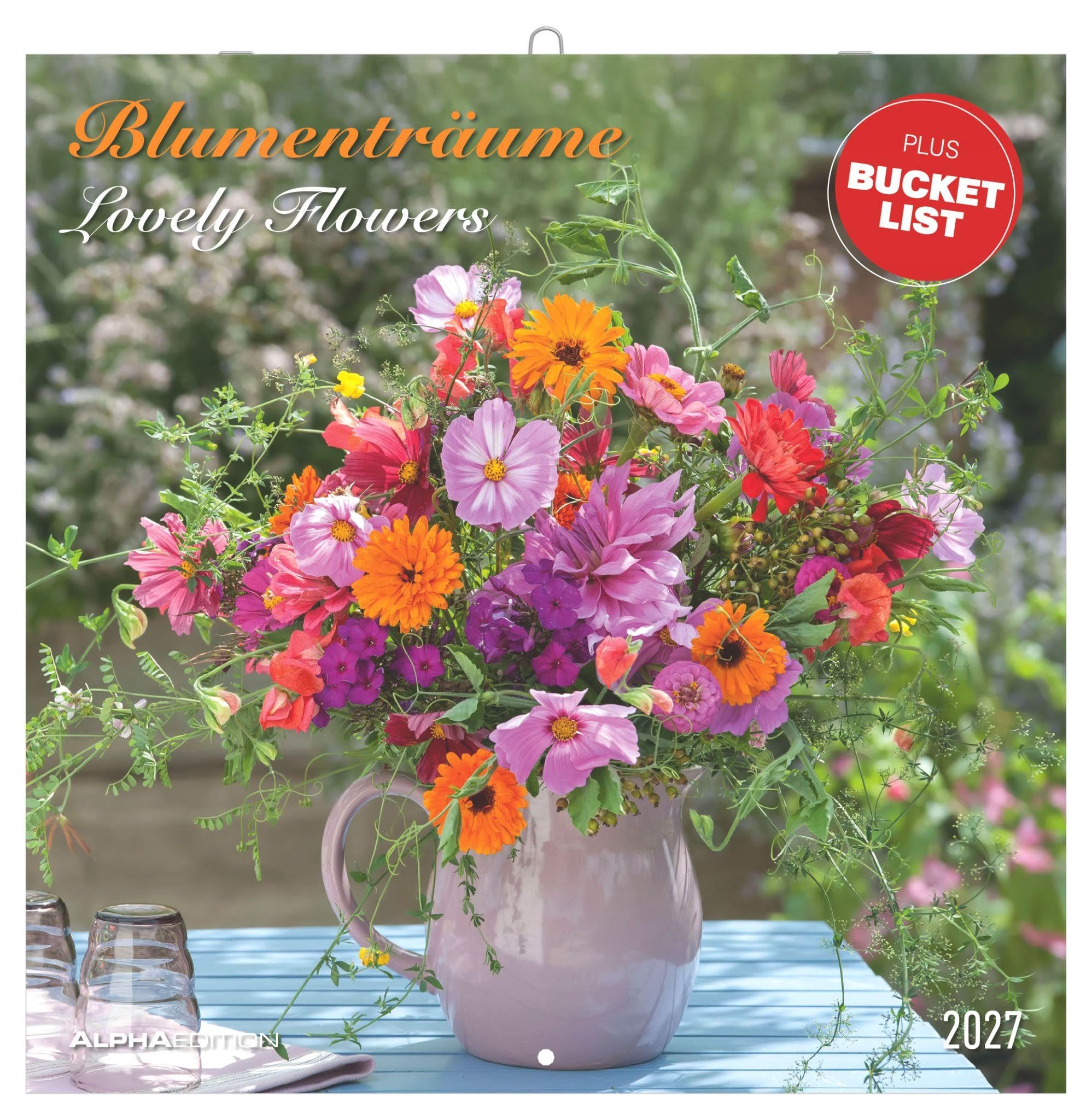 Blumenträume 2027: Wandkalender 30x30 cm (30x60 cm geöffnet) mit Notizkalendarium, 12 Blumenmotiven und Bucket-List