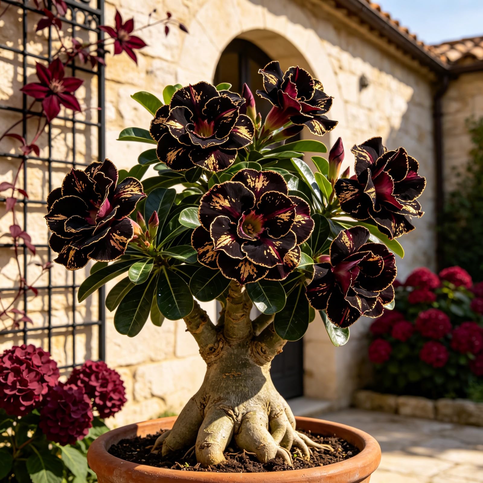 Rosa del Deserto Variegata Perenne, Rizoma Forte, Resistente all’Ombra e al Freddo Invernale-3bulbi-F