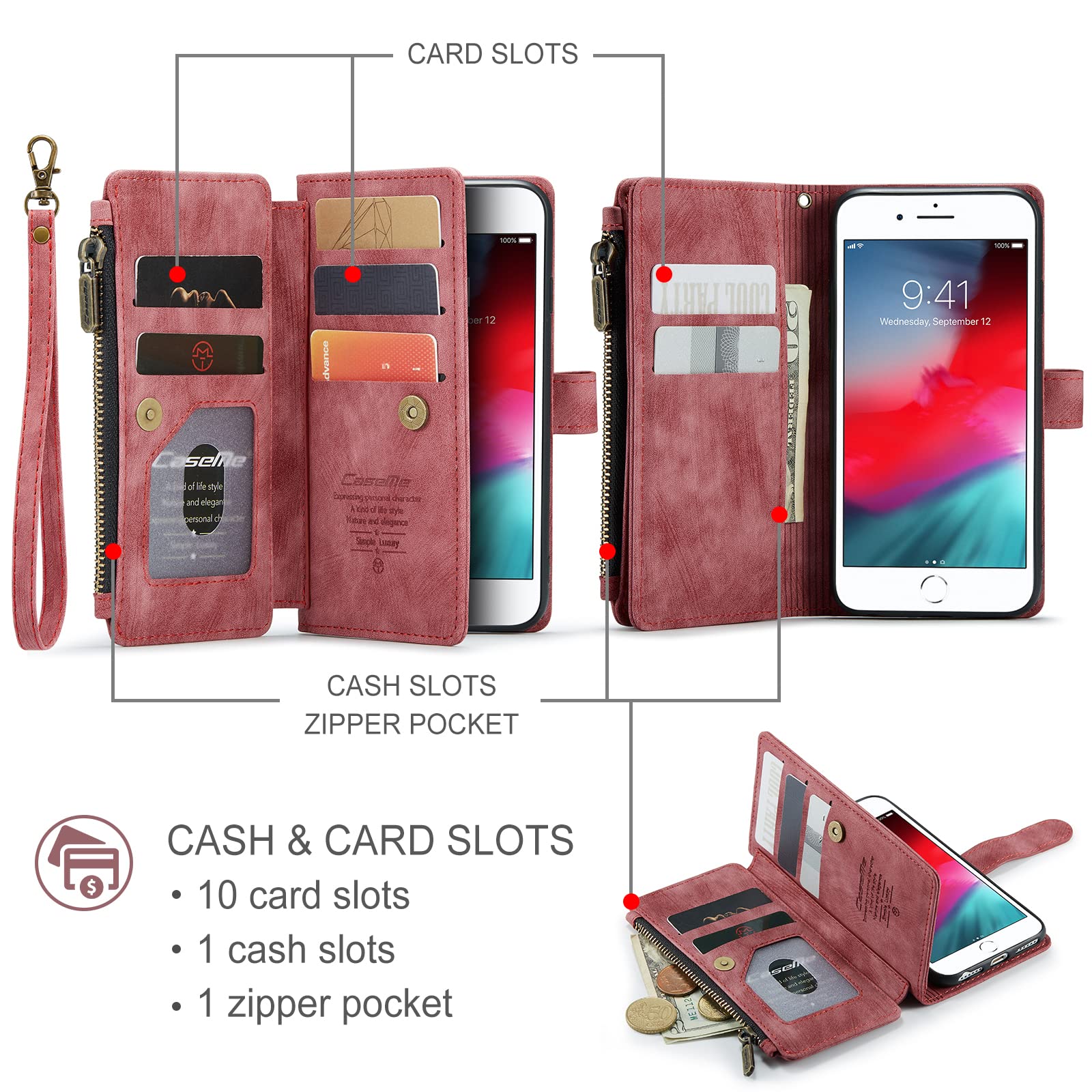 iPhone SE 2022/SE 2020/iPhone 8/iPhone 7 Case,iPhone SE 2022 Wallet Case with Card Holder Kickstand Magnetic Zipper Pocket Lanyard Strap Wristlet,Leather Flip Case Wallet for iPhone SE 2022 (Red)