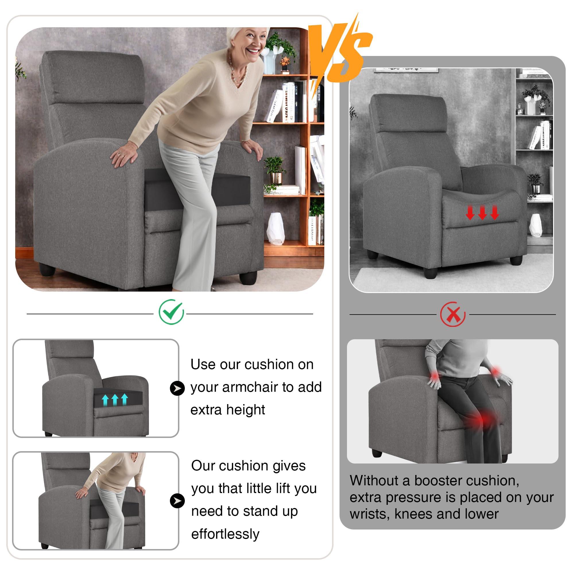 Coussin de Soutien pour Fauteuils, Canapés, Fauteuils Inclinables en Mousse à Mémoire de Forme - Coussin de Siège pour Personnes Âgées et Adultes 50 cm x 50 cm x 12,7 cm Gris Foncé