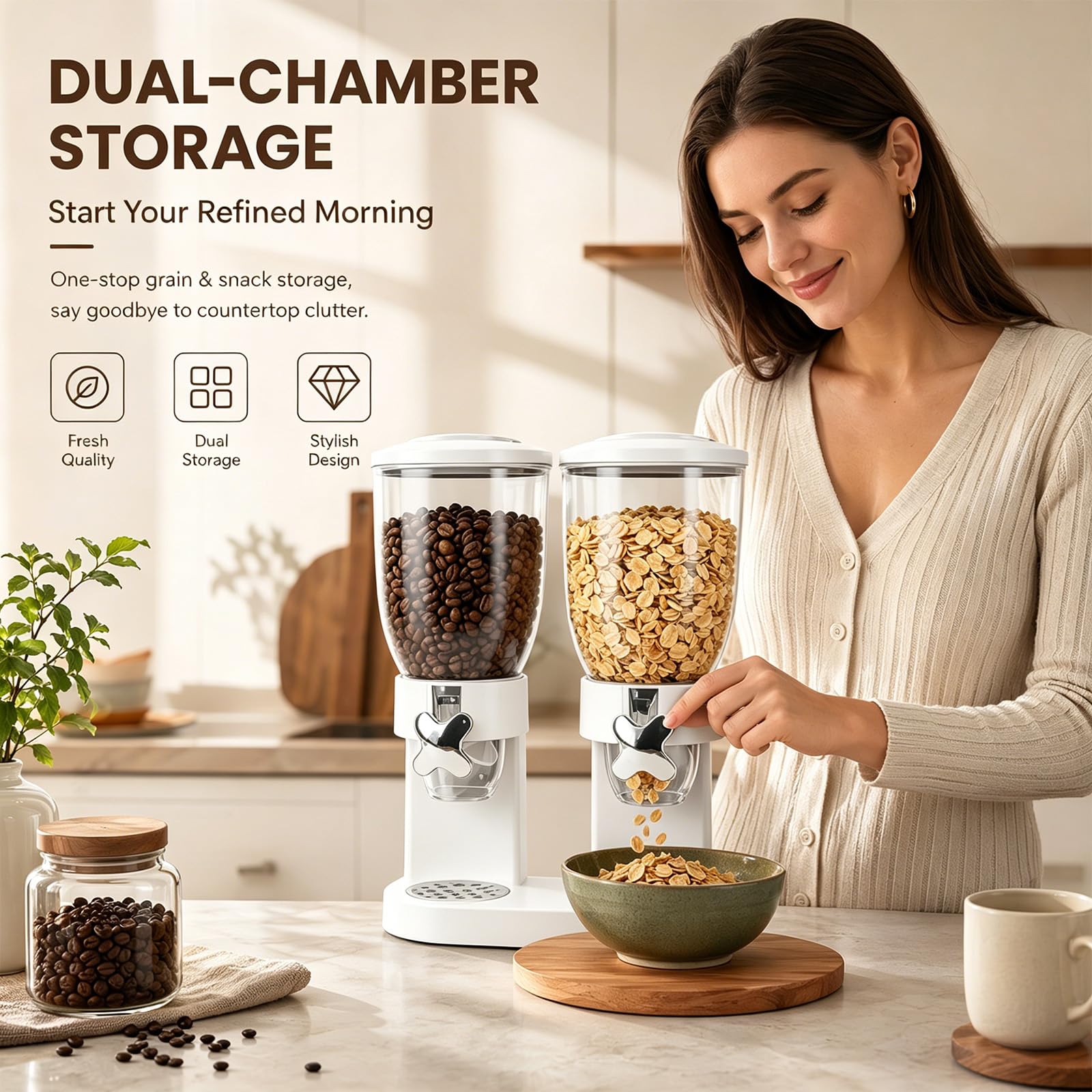 Dispenser per cereali da 2 l, contenitore ermetico per cereali, riso, cereali, caramelle, chicchi di caffè, 29 x 35 x 16 cm, dispenser per cereali e dolcificanti (bianco doppio)