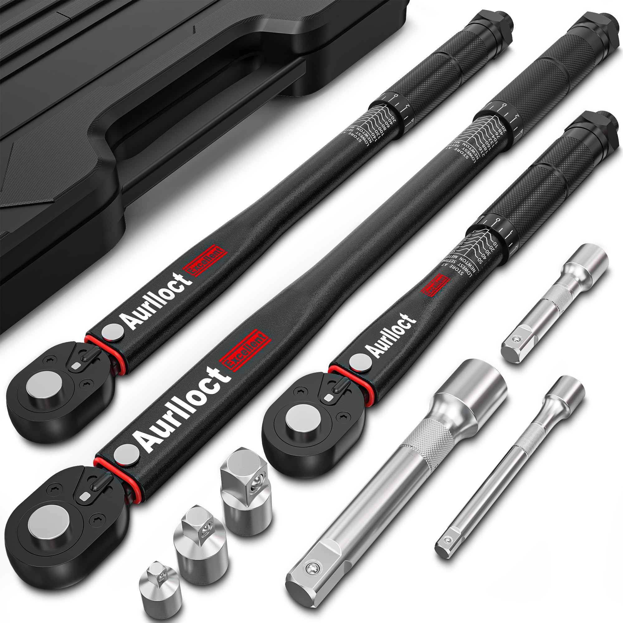 Juego de Llave Dinamométrica 1/4" & 3/8" & 1/2", Llaves Dinamométricas 5-55Nm, 10-140Nm, 20-230Nm, 72 Dientes Cabezal Reversible, para Bicicleta, Moto, Coche, 9 Piezas